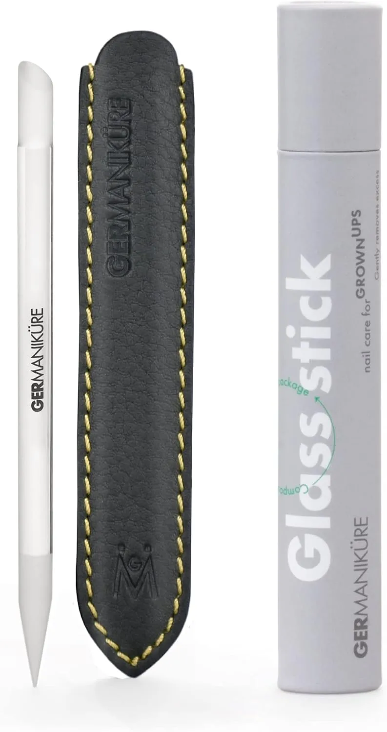 GERMANIKURE Clear Glass Cuticle Stick in Leather Sleeve - Ethically Made in Czech Republic - Cuticle Pusher & Remover, Callous & Dry Skin Fingertip File, Nail Shaper