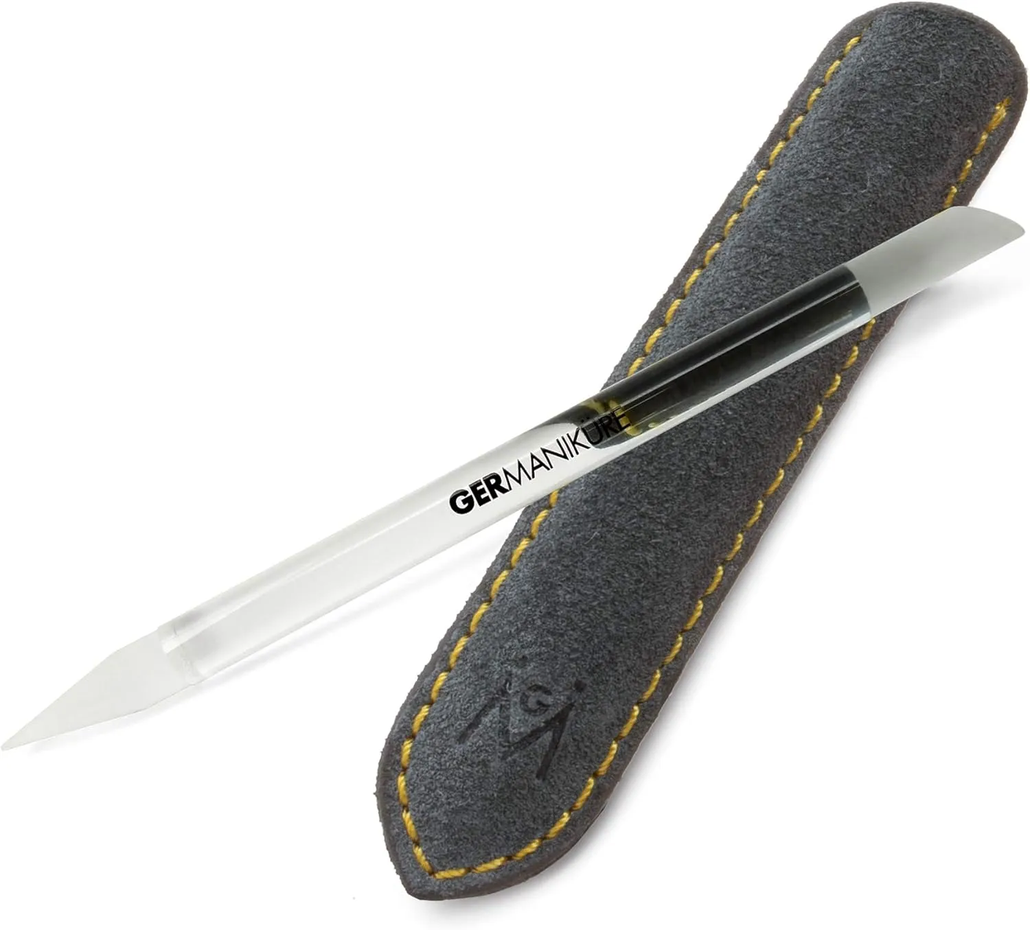 GERMANIKURE Clear Glass Cuticle Stick in Leather Sleeve - Ethically Made in Czech Republic - Cuticle Pusher & Remover, Callous & Dry Skin Fingertip File, Nail Shaper