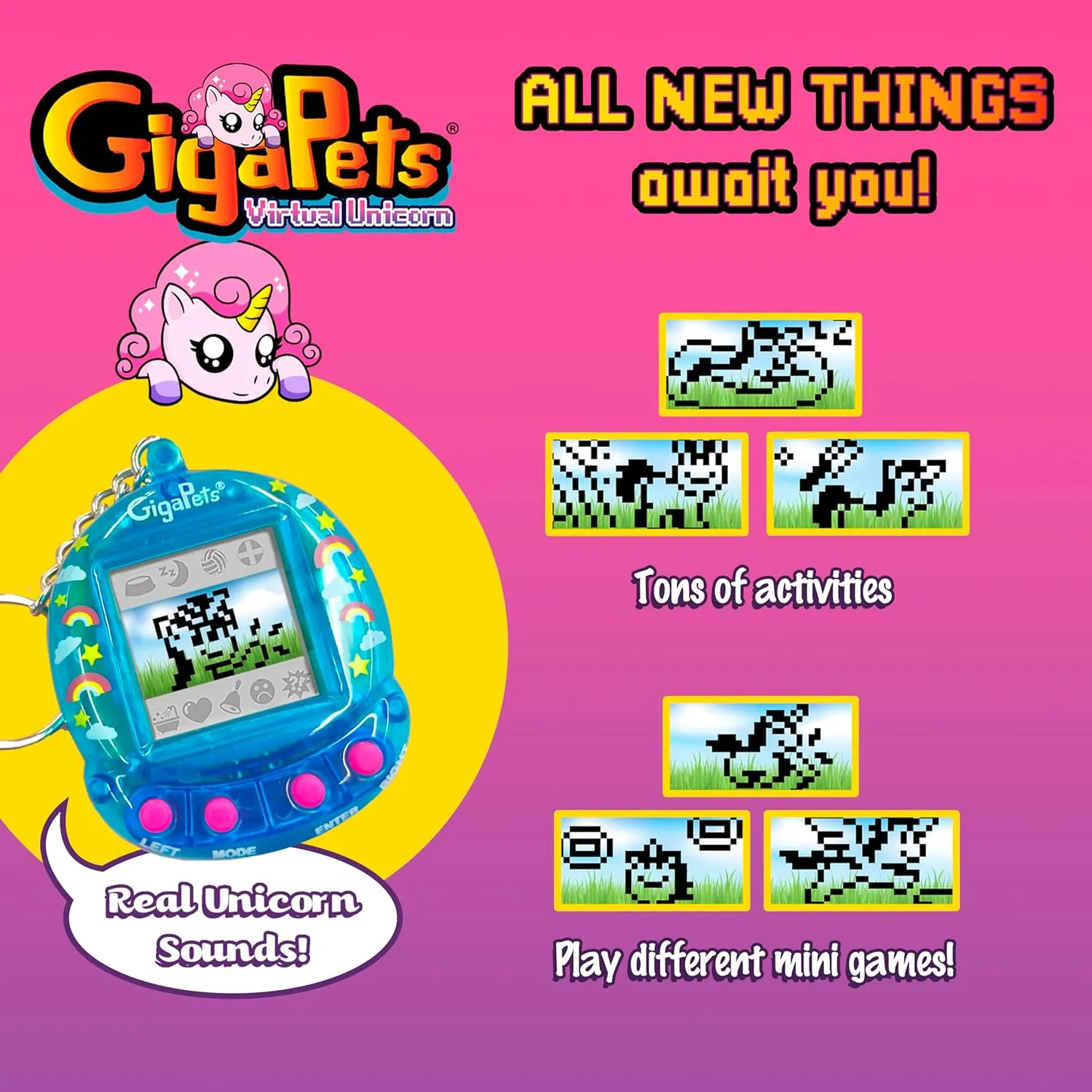Giga Pets Angelic Unicorn Interactive Digital Pet, Upgraded Collector’s Edition Virtual Pets for Kids, 600  Animations, 90’s Gaming, Boys, Girls Toys