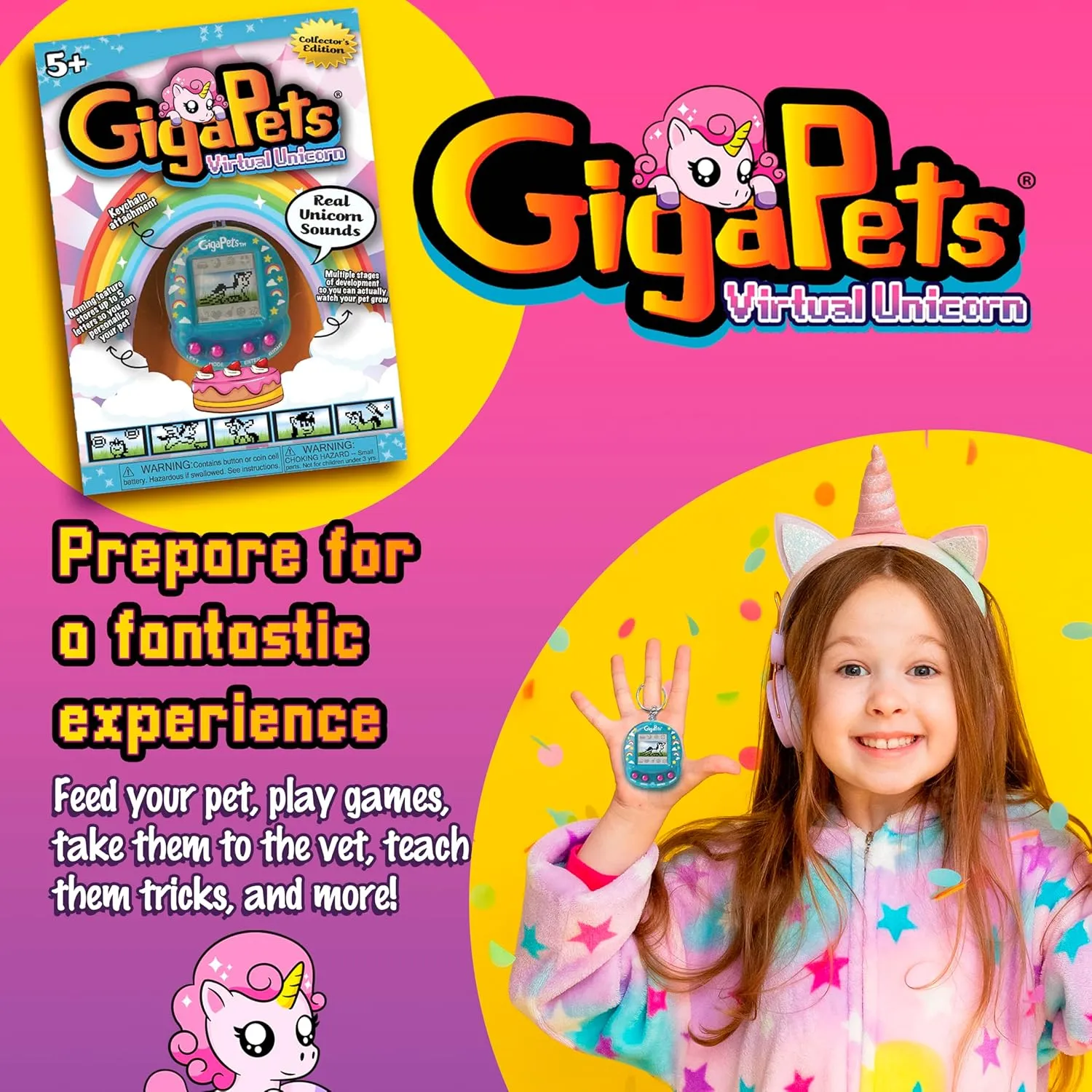 Giga Pets Angelic Unicorn Interactive Digital Pet, Upgraded Collector’s Edition Virtual Pets for Kids, 600  Animations, 90’s Gaming, Boys, Girls Toys