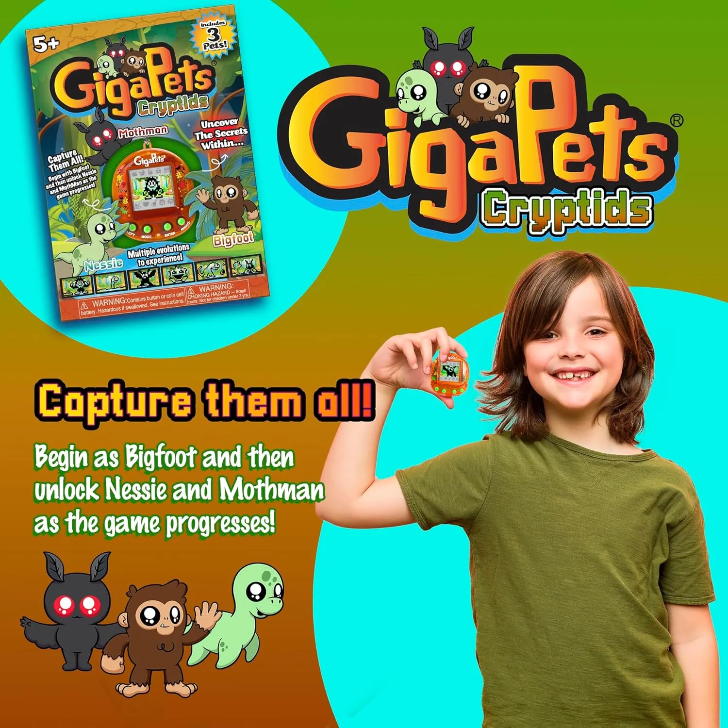 Giga Pets Cryptids Interactive Digital Pet, Bigfoot, Mothman, Loch Ness Monster Virtual Pets for Kids, 90’s Gaming Boys, Girls Toys Gift Ages 5 and Up