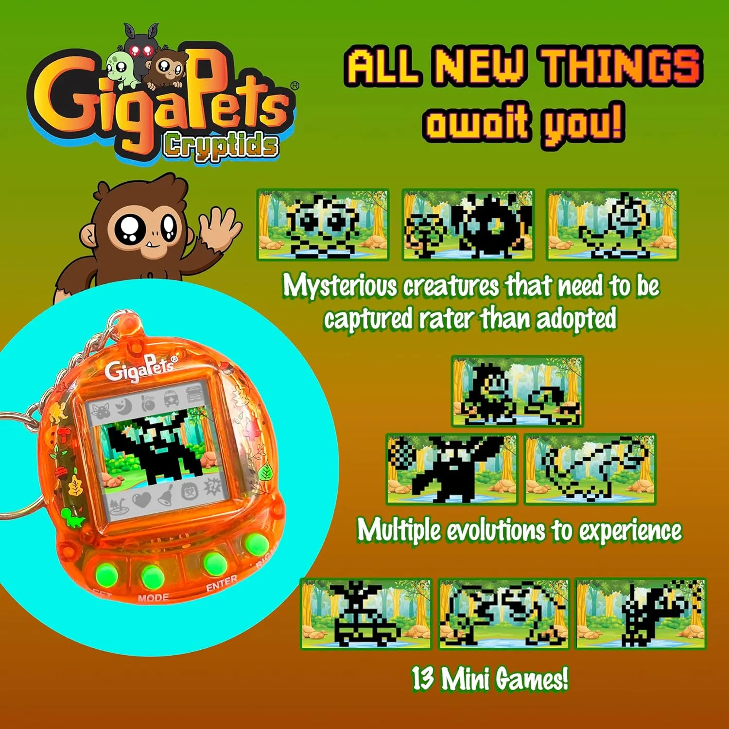 Giga Pets Cryptids Interactive Digital Pet, Bigfoot, Mothman, Loch Ness Monster Virtual Pets for Kids, 90’s Gaming Boys, Girls Toys Gift Ages 5 and Up