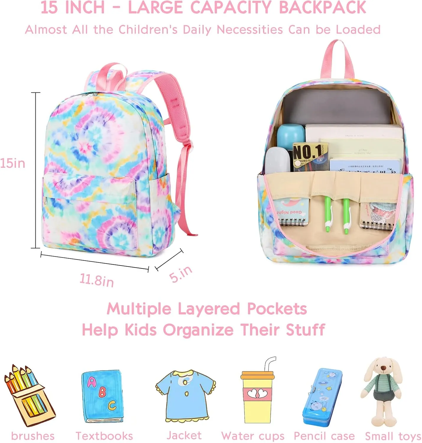 Girls Backpack Tie Dye Kids Backpack for Peschool Kindergarten Elementary Blue School Bookbag (Tie Dye)
