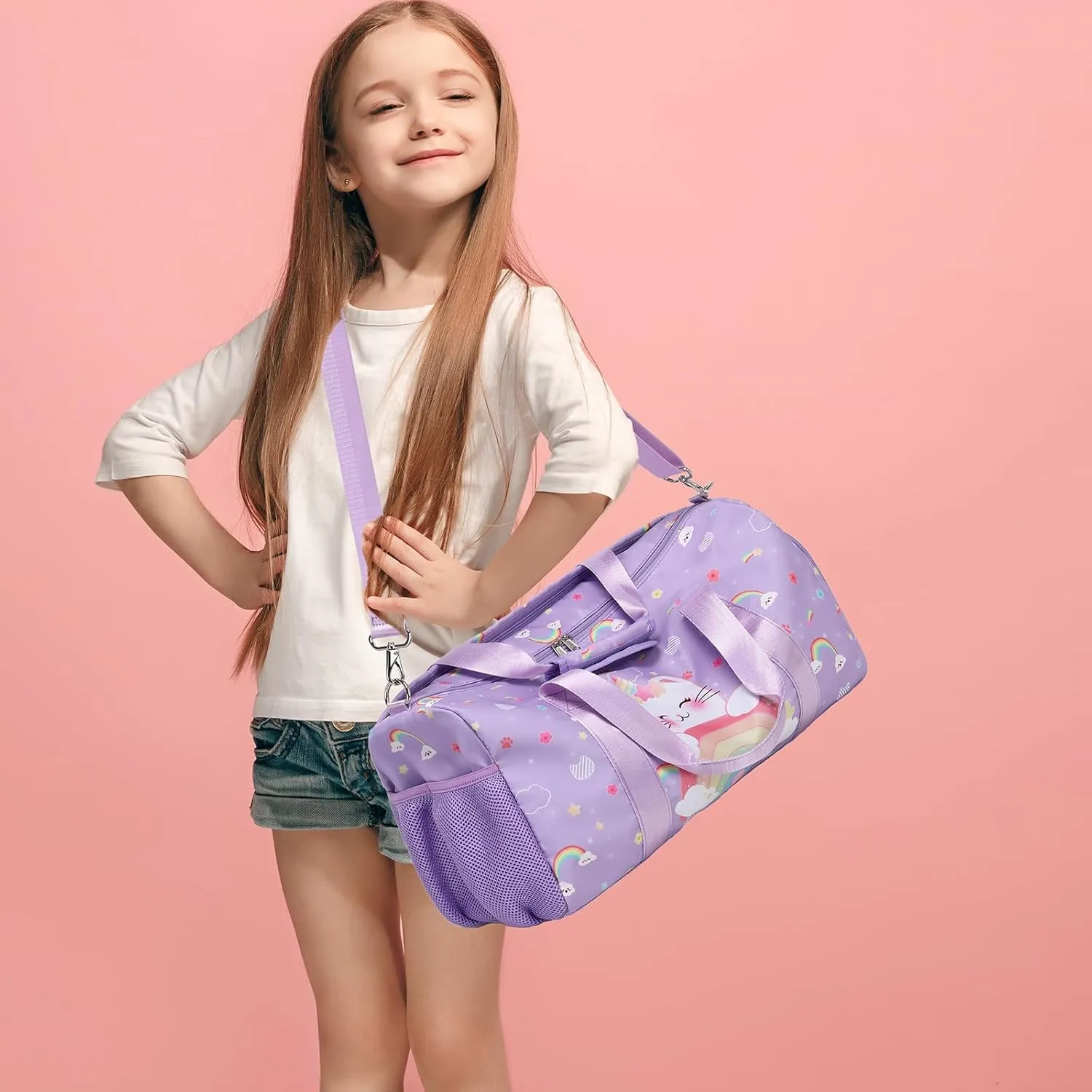 Girls Dance Bag, Unicorn Cat Duffle Bag for Girl Gym Sports Ballet with Shoe Compartments, Girls Overnight Weekender Carry On Travel Bag