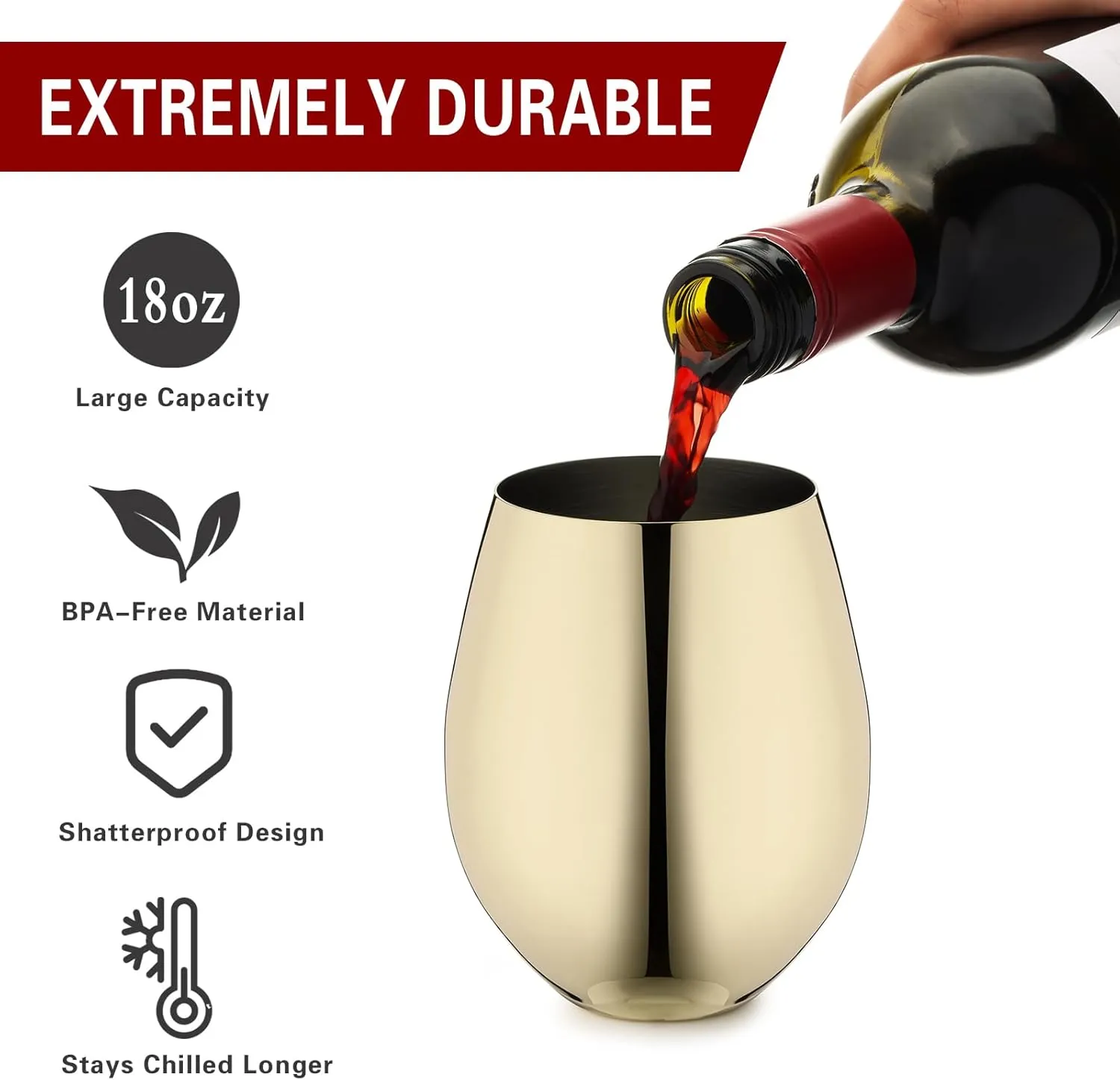 Gold Wine Glasses Set of 4, 18oz Unbreakable Gold Goblet, Stemless Stainless Steel Wine Glass, Metal Wine Glass for Outdoor, Travel, Camping, Pool, Ideal Gift for Wine Lovers