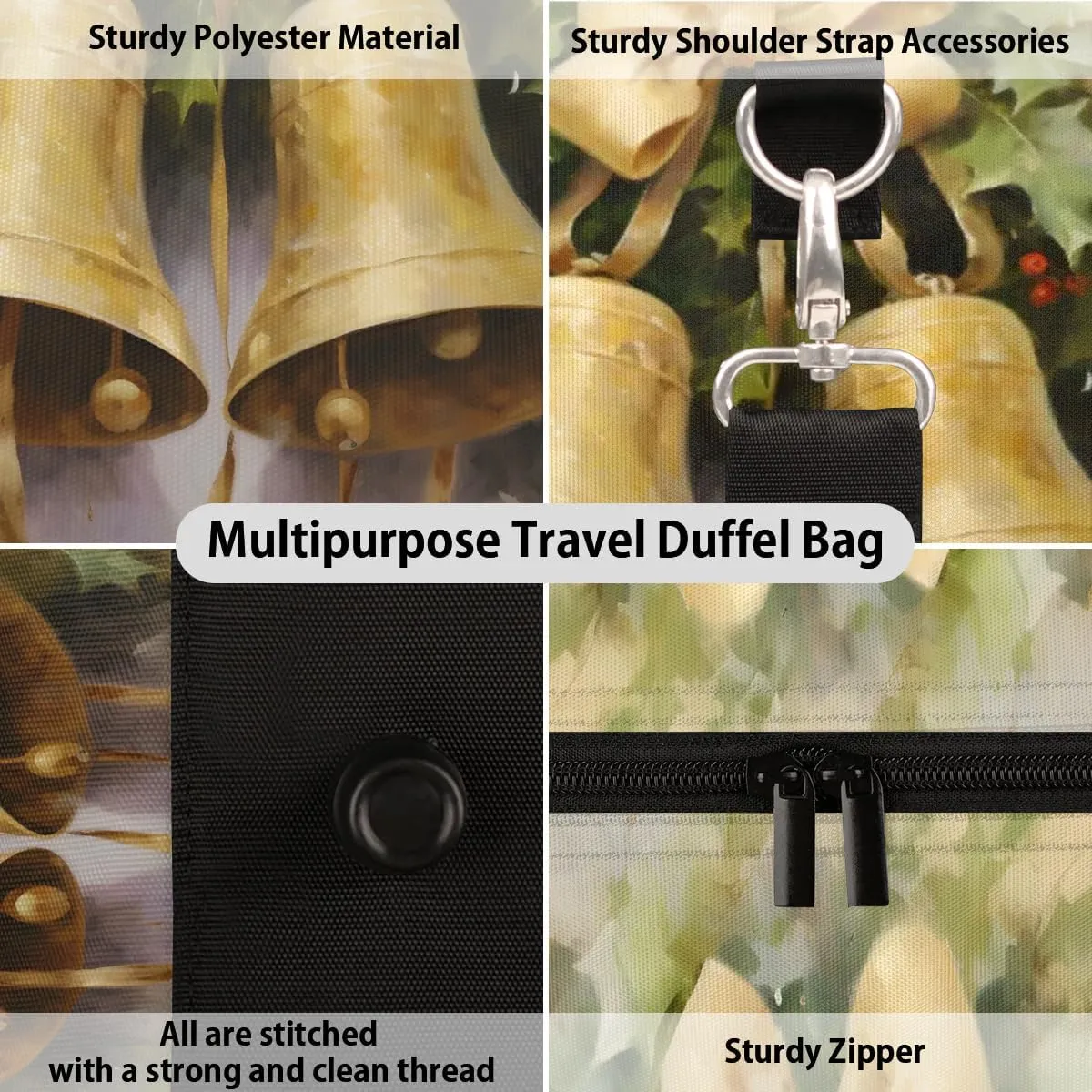 Golden Bell Travel Duffel Bag for Women Men Waterproof Foldable Overnight Weekender Bag Large Capacity Sports Gym Bag