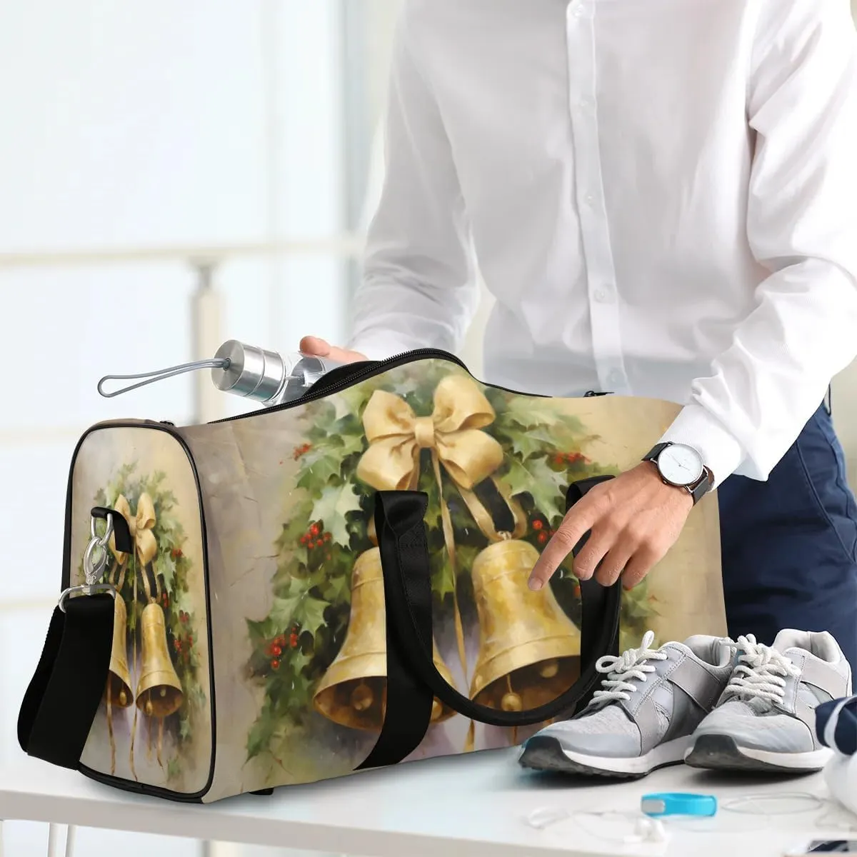 Golden Bell Travel Duffel Bag for Women Men Waterproof Foldable Overnight Weekender Bag Large Capacity Sports Gym Bag