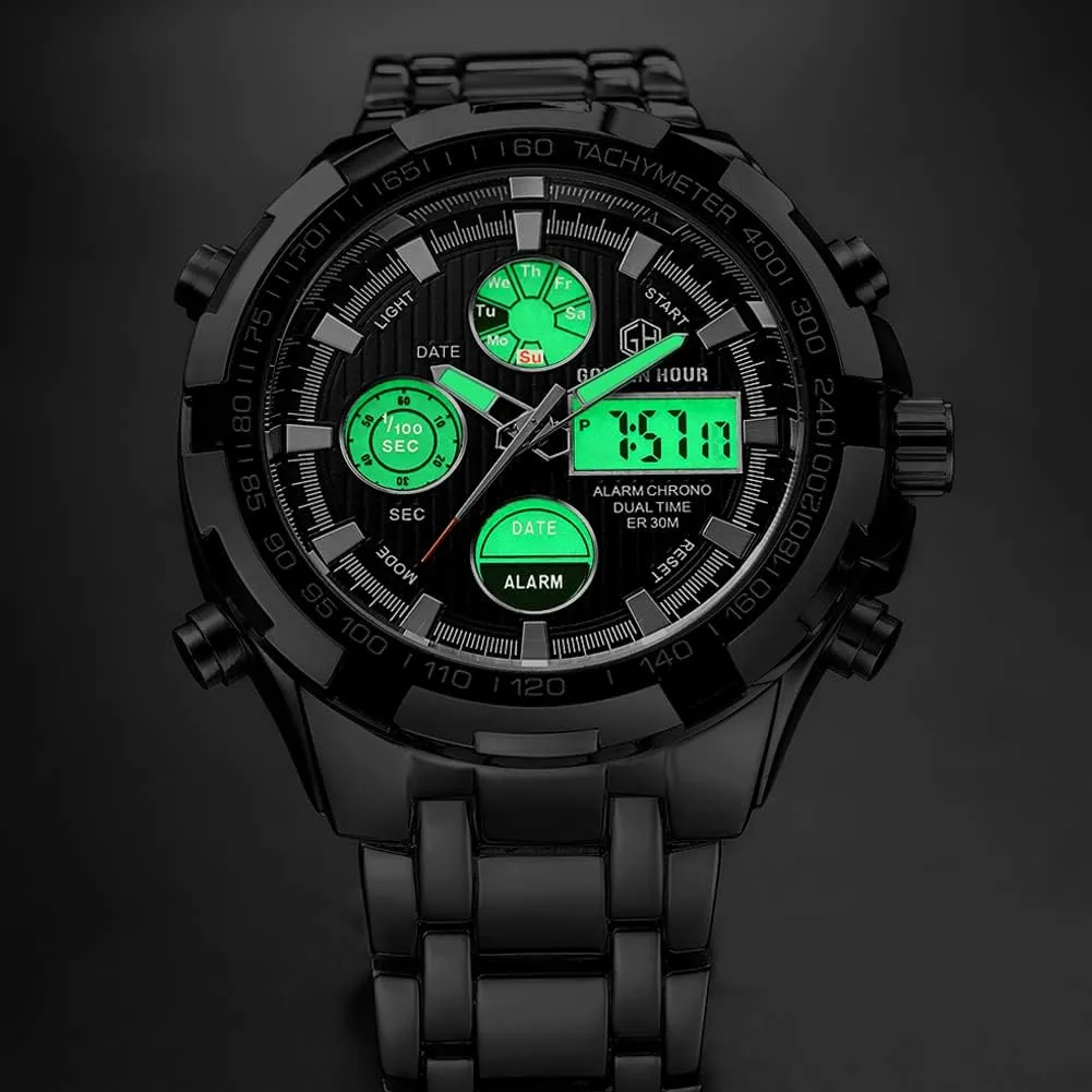 GOLDEN HOUR Luxury Stainless Steel Analog Digital Watches for Men Male Outdoor Sport Waterproof Big Heavy Wristwatch