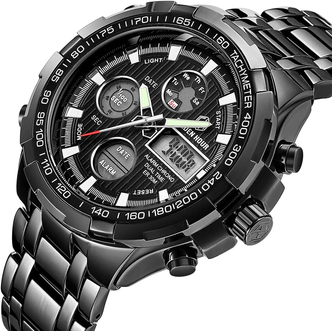 GOLDEN HOUR Luxury Stainless Steel Analog Digital Watches for Men Male Outdoor Sport Waterproof Big Heavy Wristwatch