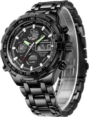 GOLDEN HOUR Luxury Stainless Steel Analog Digital Watches for Men Male Outdoor Sport Waterproof Big Heavy Wristwatch