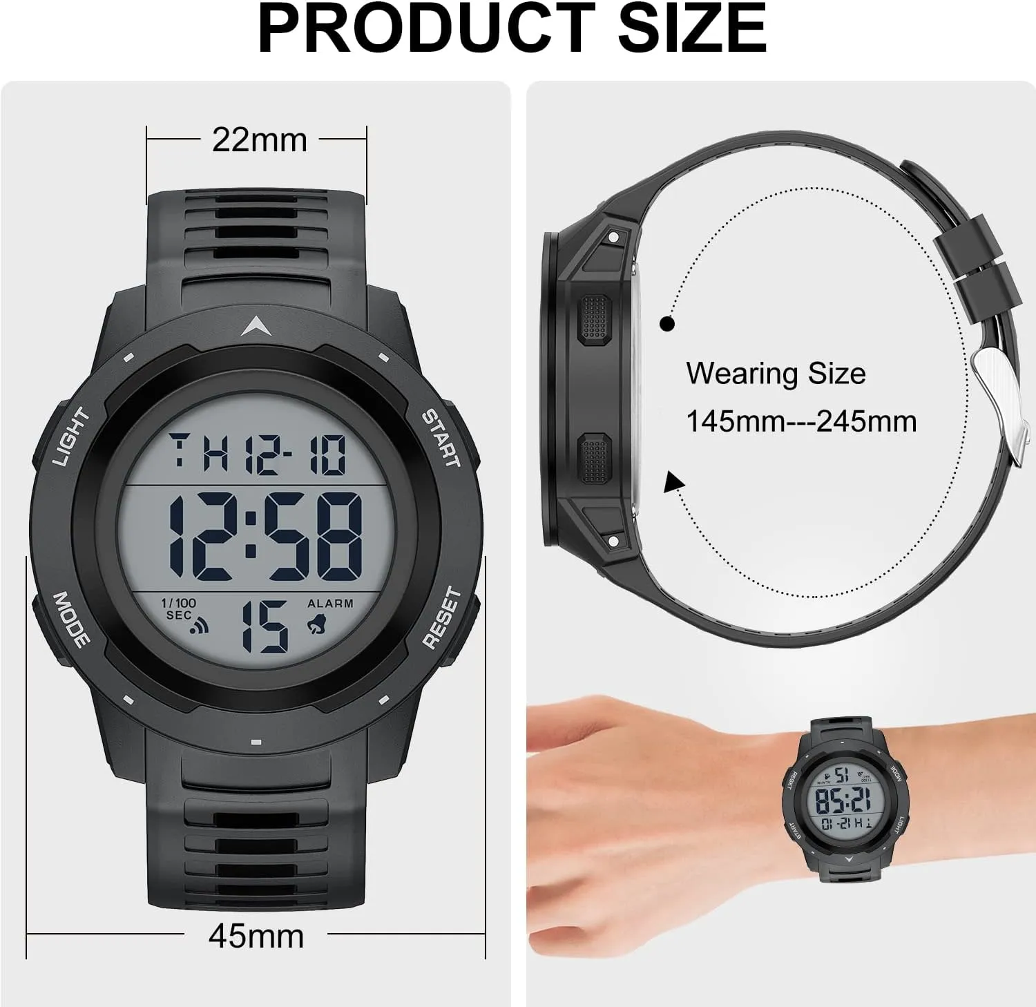 GOLDEN HOUR Mens Waterproof Digital Sport Watches Wide Screen Easy Read Display Military Style with Rubber Strap