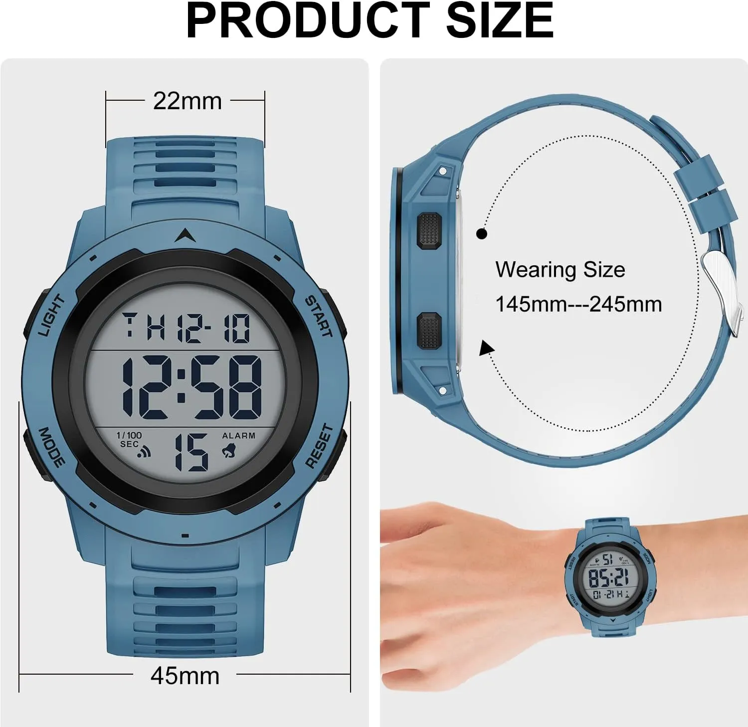 GOLDEN HOUR Mens Waterproof Digital Sport Watches Wide Screen Easy Read Display Military Style with Rubber Strap