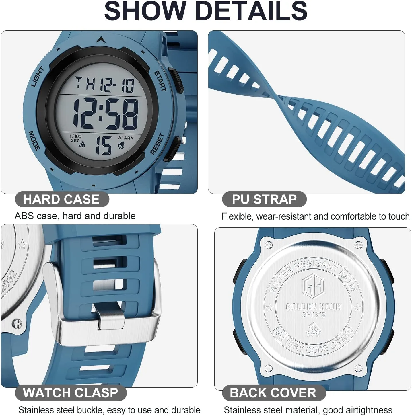 GOLDEN HOUR Mens Waterproof Digital Sport Watches Wide Screen Easy Read Display Military Style with Rubber Strap