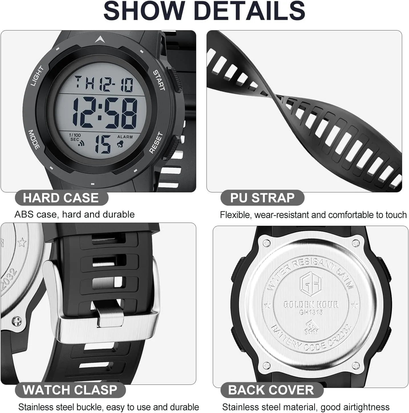 GOLDEN HOUR Mens Waterproof Digital Sport Watches Wide Screen Easy Read Display Military Style with Rubber Strap