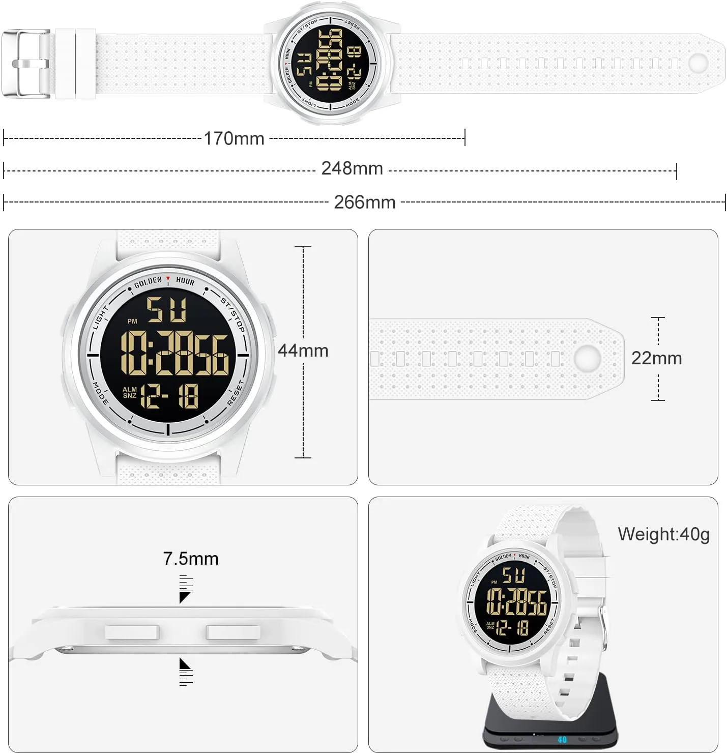 GOLDEN HOUR Ultra-Thin Minimalist Sports Waterproof Digital Watches Men with Wide-Angle Display Rubber Strap Wrist Watch for Men Women