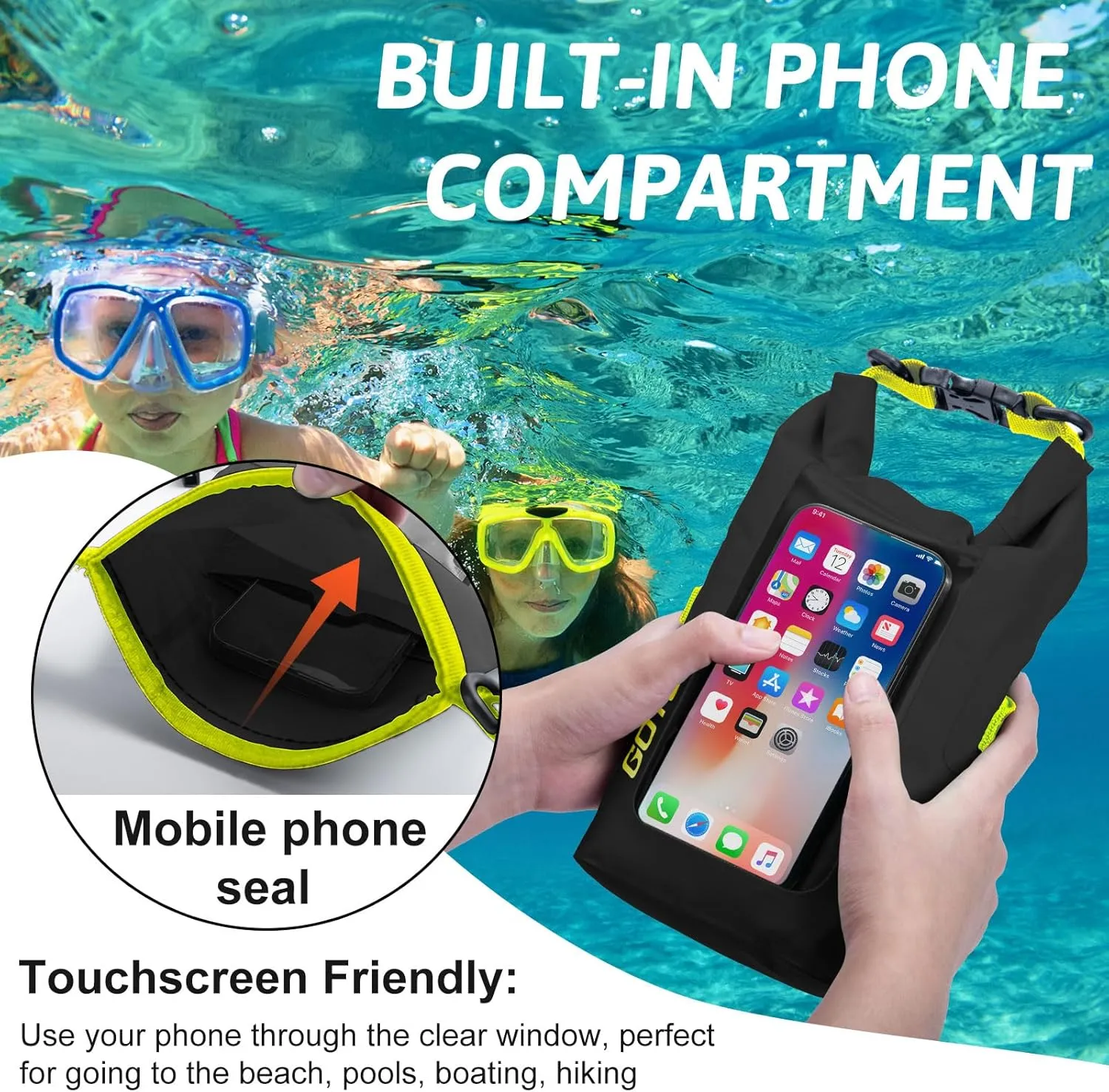 Goture Dry Bag, 2L Waterproof Bag with Shoulder Straps, 500D PVC Small Dry Sack Touchscreen Waterproof Phone Pouch, Roll Top Crossbody Dry Bags for Kayaking, Boating, Fishing, Camping, Beach, Travel