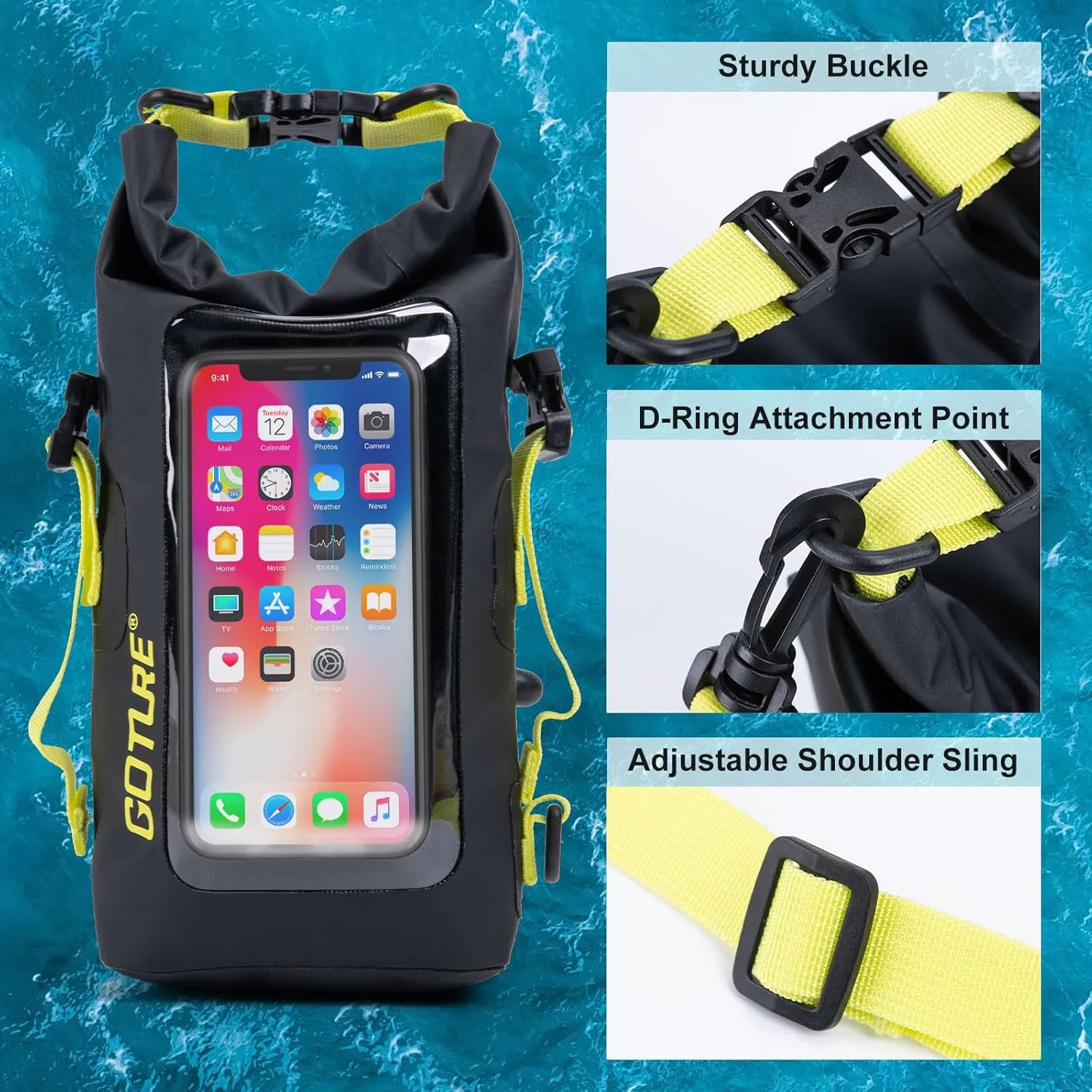 Goture Dry Bag, 2L Waterproof Bag with Shoulder Straps, 500D PVC Small Dry Sack Touchscreen Waterproof Phone Pouch, Roll Top Crossbody Dry Bags for Kayaking, Boating, Fishing, Camping, Beach, Travel