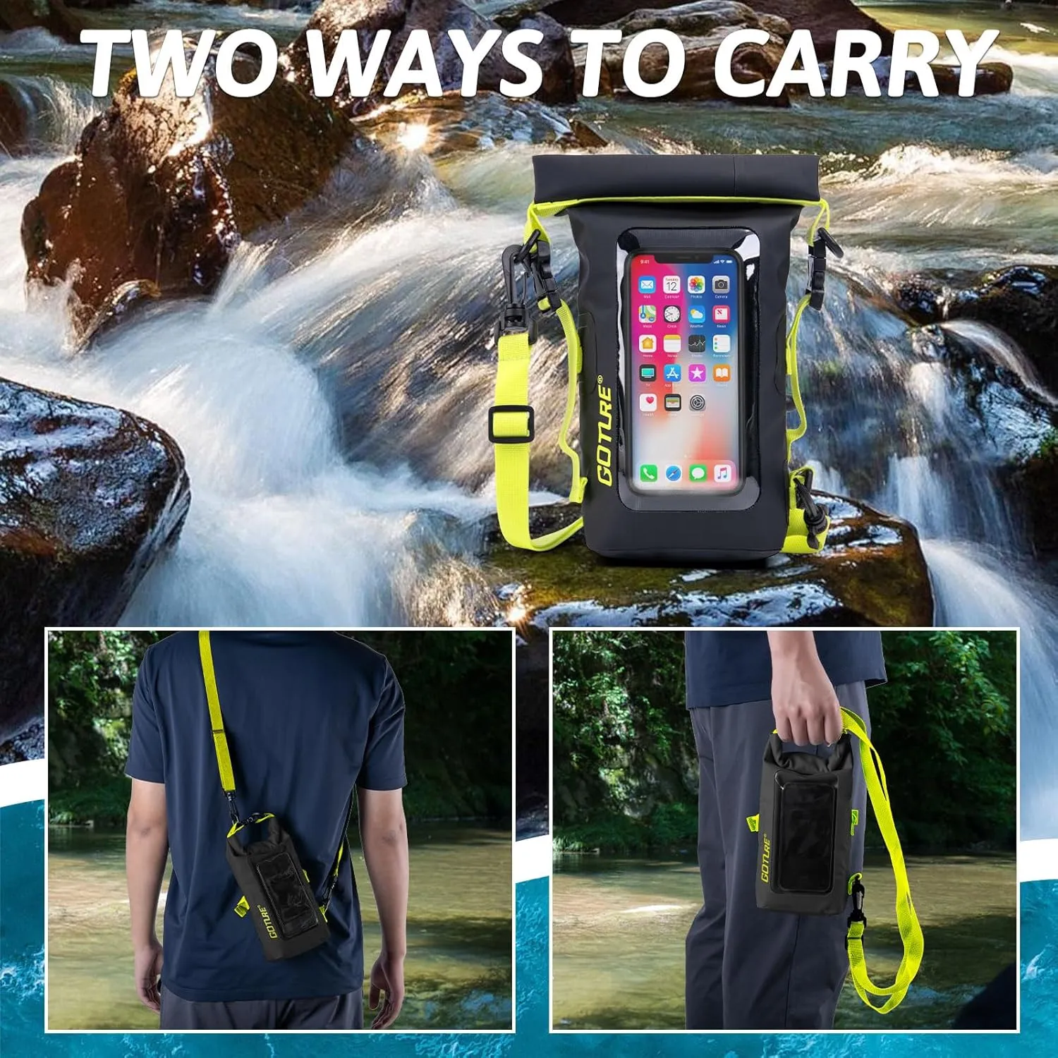 Goture Dry Bag, 2L Waterproof Bag with Shoulder Straps, 500D PVC Small Dry Sack Touchscreen Waterproof Phone Pouch, Roll Top Crossbody Dry Bags for Kayaking, Boating, Fishing, Camping, Beach, Travel