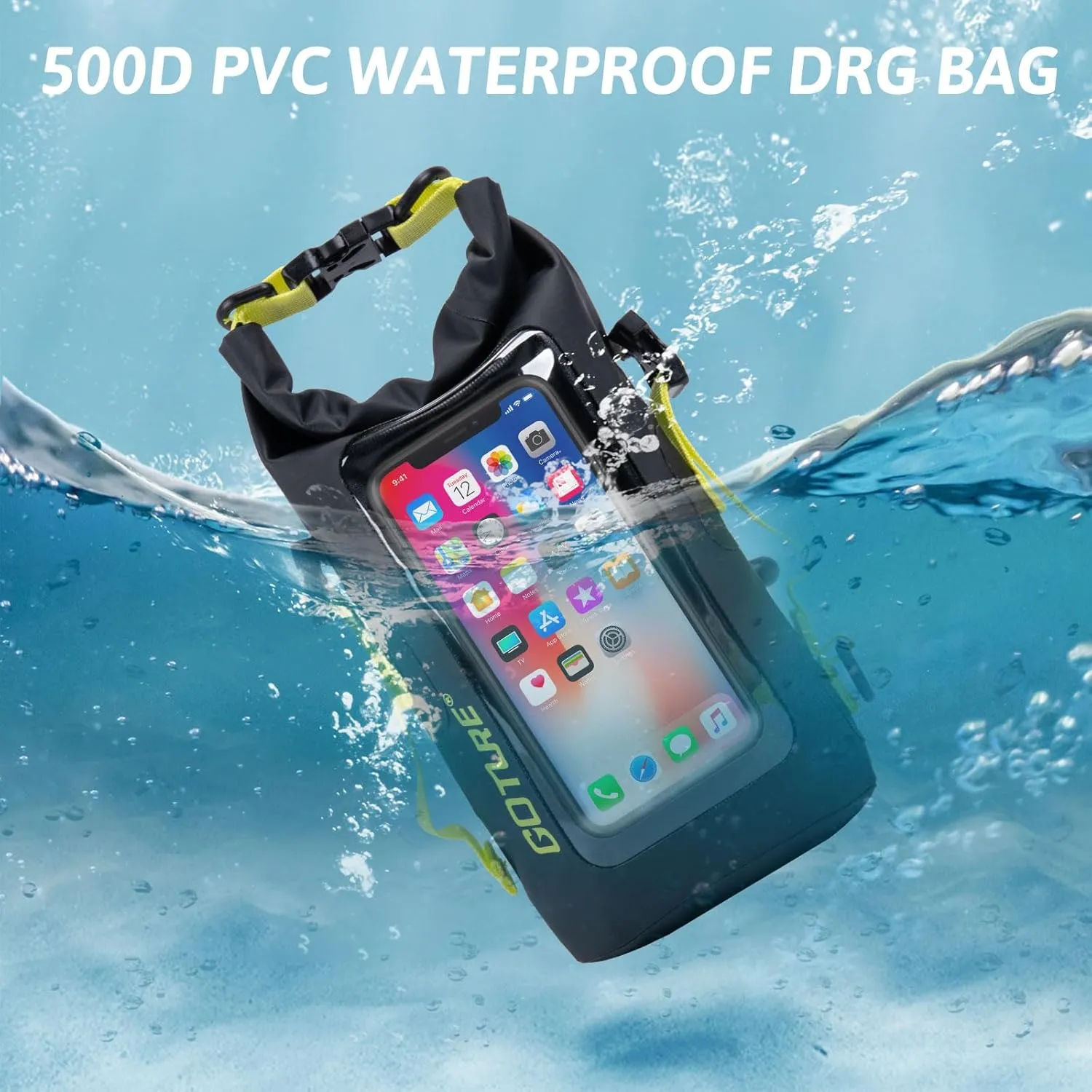 Goture Dry Bag, 2L Waterproof Bag with Shoulder Straps, 500D PVC Small Dry Sack Touchscreen Waterproof Phone Pouch, Roll Top Crossbody Dry Bags for Kayaking, Boating, Fishing, Camping, Beach, Travel