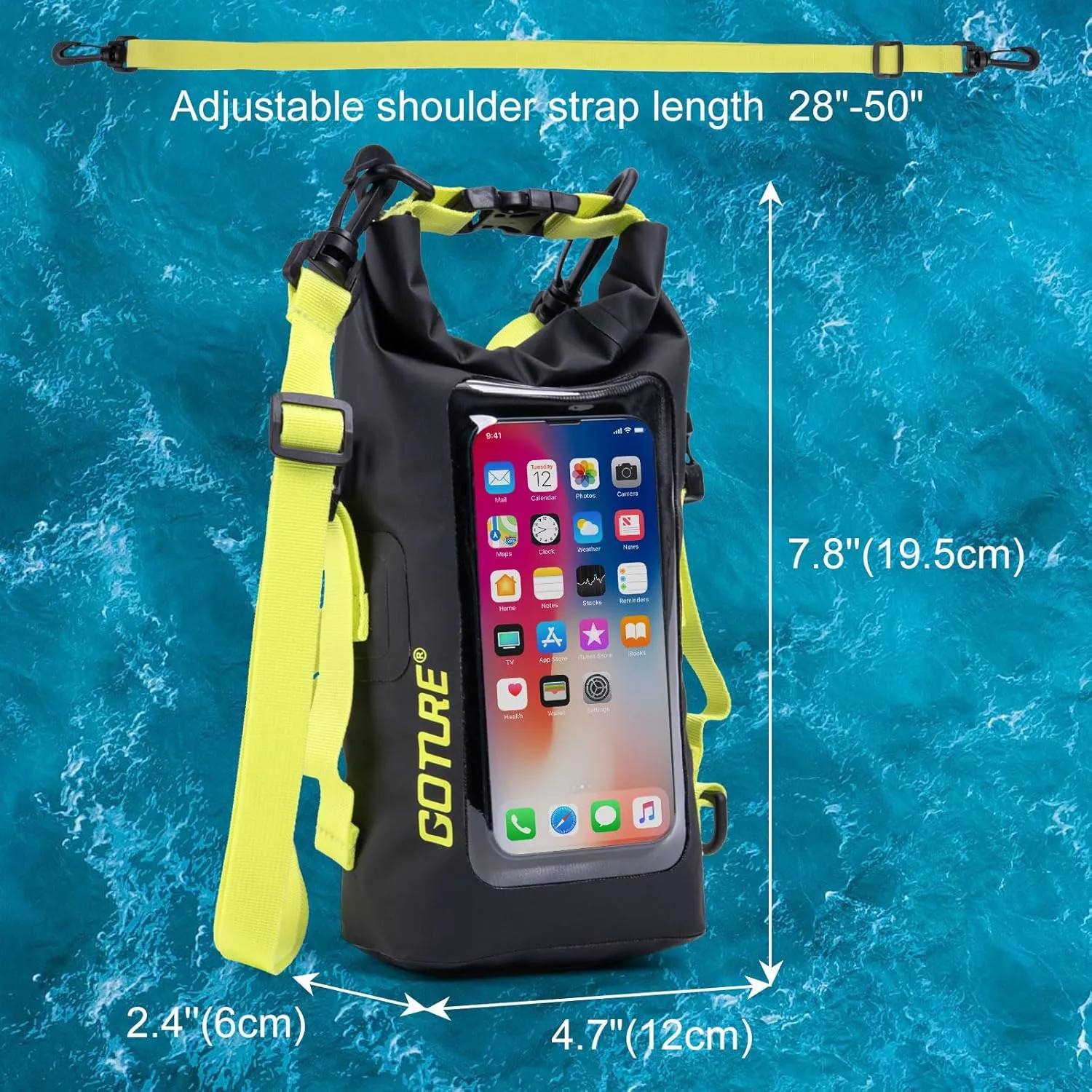 Goture Dry Bag, 2L Waterproof Bag with Shoulder Straps, 500D PVC Small Dry Sack Touchscreen Waterproof Phone Pouch, Roll Top Crossbody Dry Bags for Kayaking, Boating, Fishing, Camping, Beach, Travel
