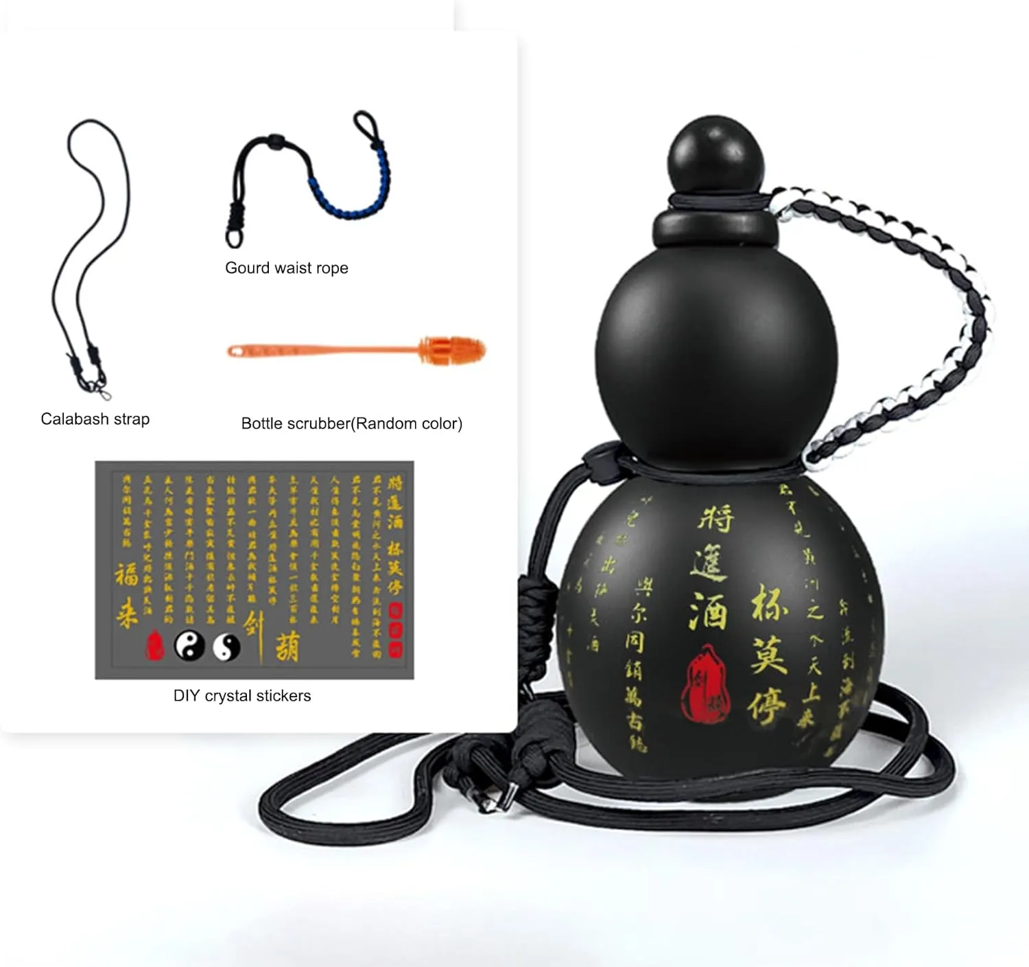 Gourd Water Flask, 28oz Monkey King Wu Kong Gourd Bottle, Chinese Vintage Travel Flask (Black)