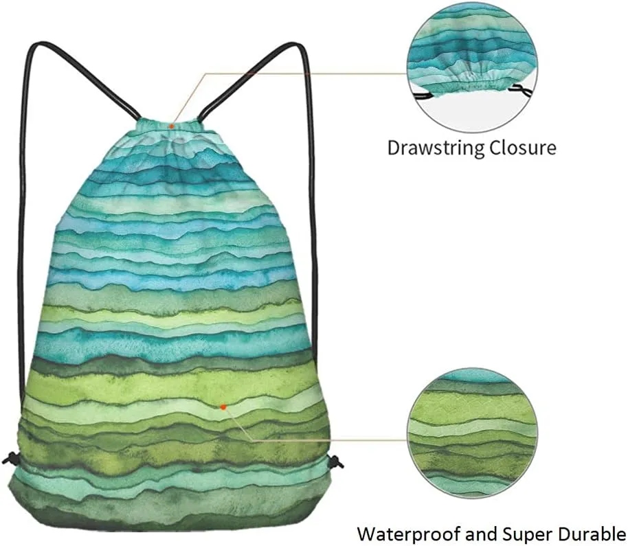 Green and Blue Color Drawstring Bags Backpack Bag Colorful Stripes Oil Painting Gradient Wave Art Sport Gym Sack Drawstring Bag String Bag Yoga Bag for Men Women