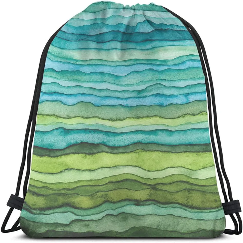 Green and Blue Color Drawstring Bags Backpack Bag Colorful Stripes Oil Painting Gradient Wave Art Sport Gym Sack Drawstring Bag String Bag Yoga Bag for Men Women