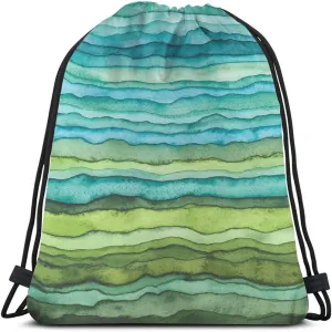 Green and Blue Color Drawstring Bags Backpack Bag Colorful Stripes Oil Painting Gradient Wave Art Sport Gym Sack Drawstring Bag String Bag Yoga Bag for Men Women