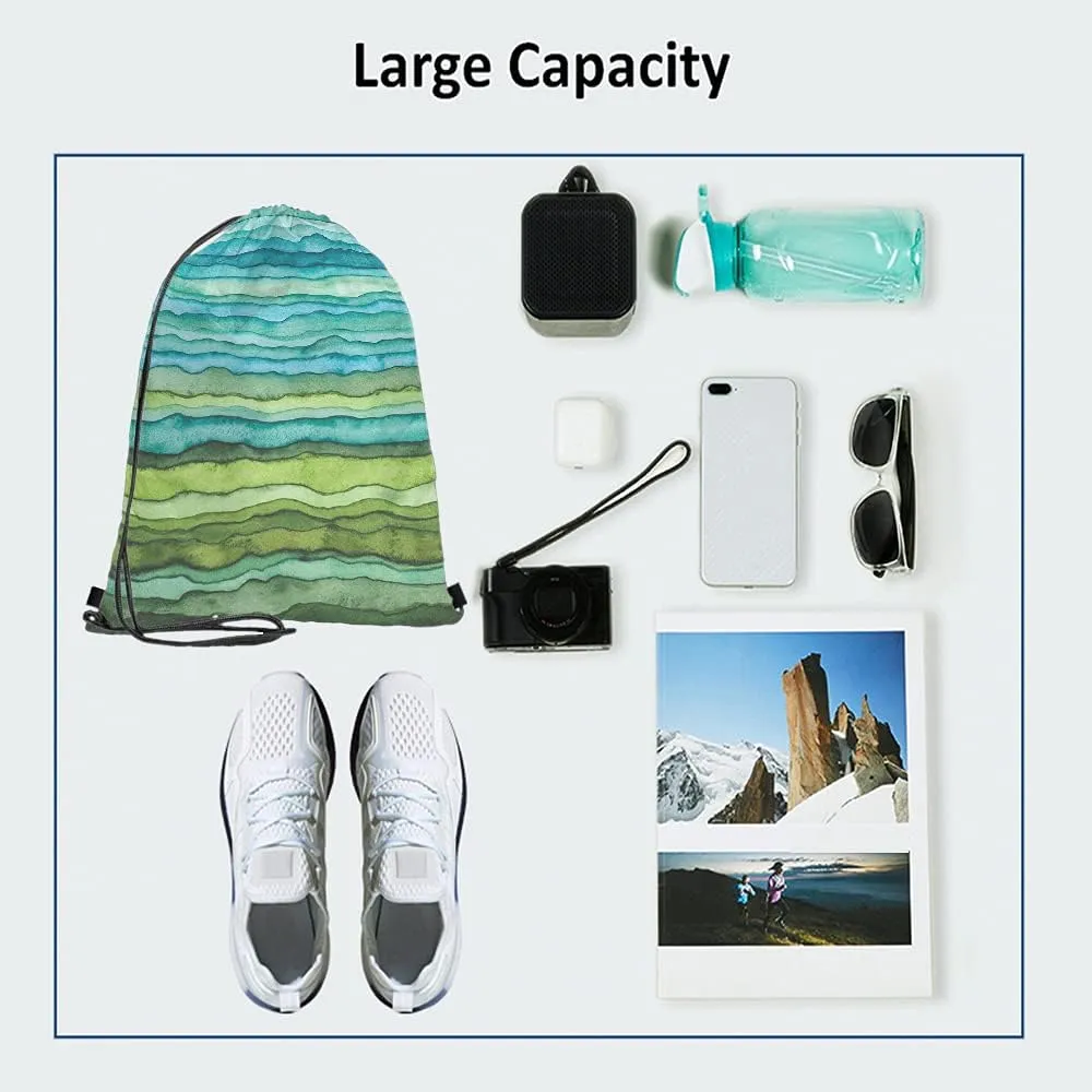 Green and Blue Color Drawstring Bags Backpack Bag Colorful Stripes Oil Painting Gradient Wave Art Sport Gym Sack Drawstring Bag String Bag Yoga Bag for Men Women