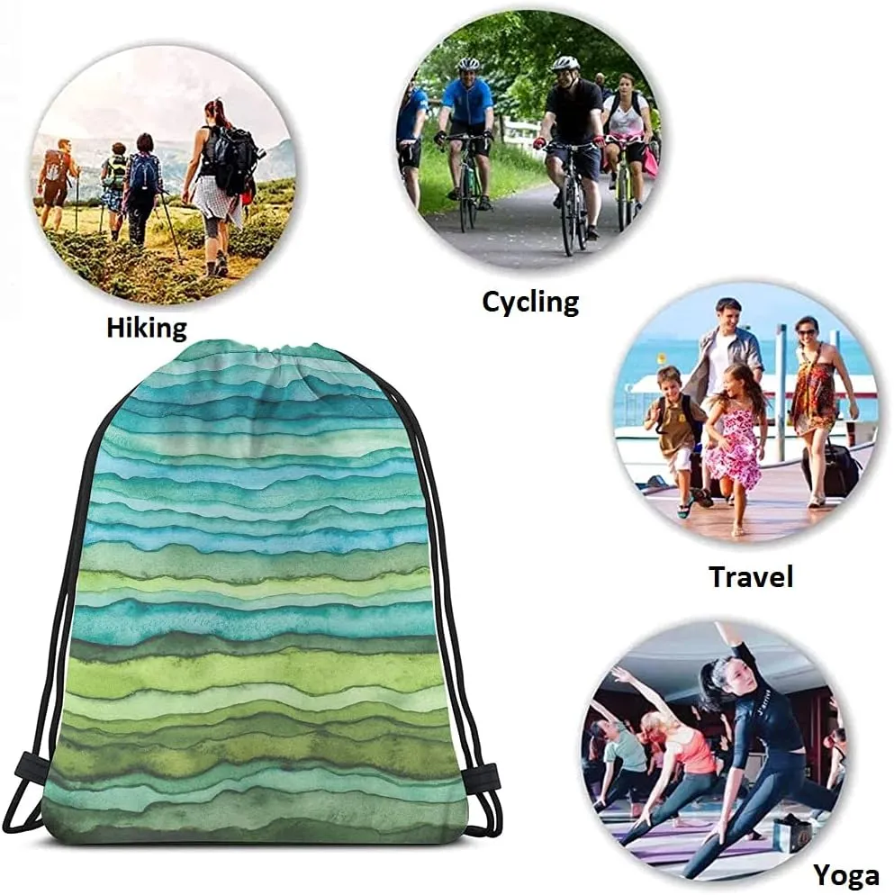 Green and Blue Color Drawstring Bags Backpack Bag Colorful Stripes Oil Painting Gradient Wave Art Sport Gym Sack Drawstring Bag String Bag Yoga Bag for Men Women