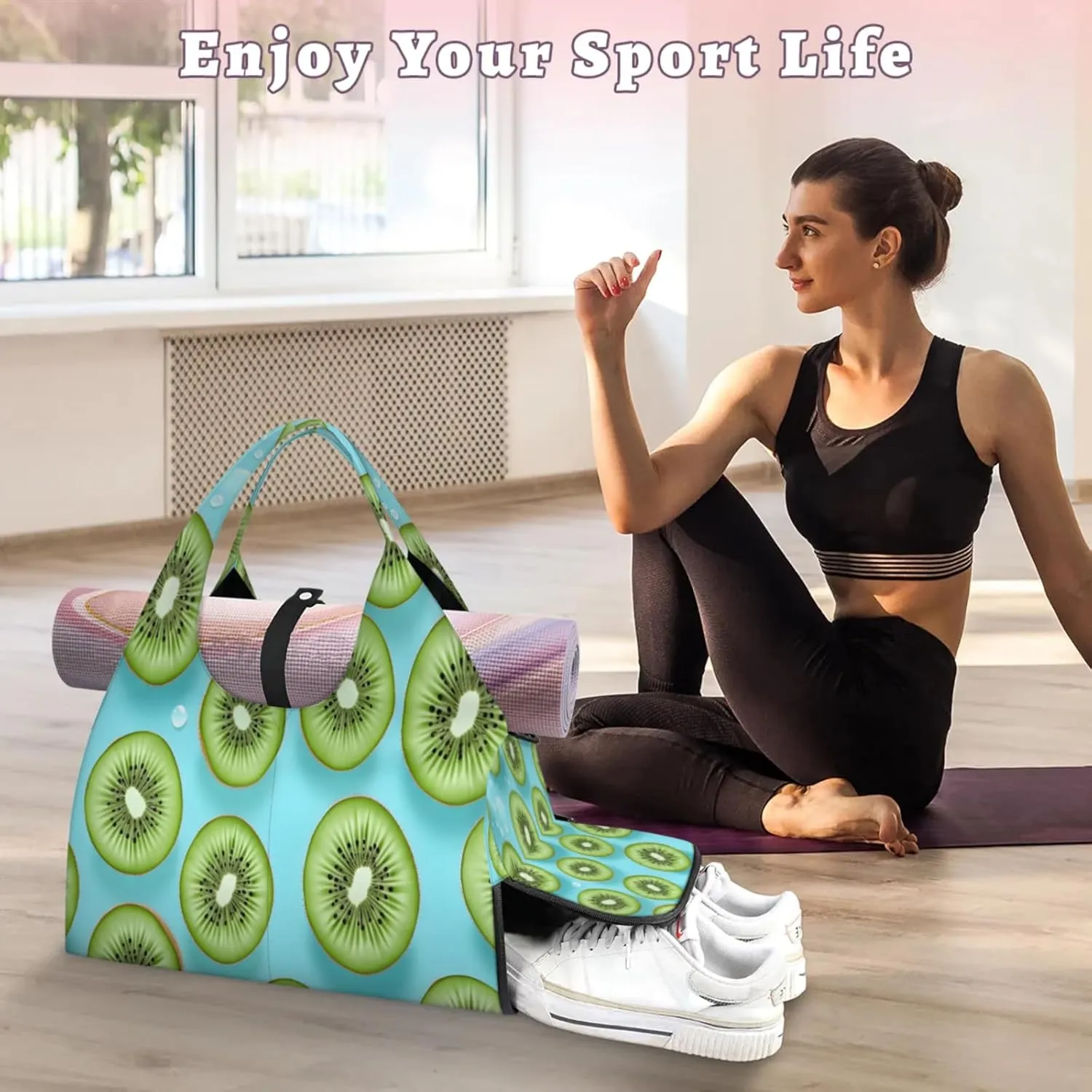 Green Sliced Delight Waterproof Gym Bag for Men Women, Sports Duffel Bag with Shoe Compartment Yoga Mat Holder, Portable Large Travel Bag for Fitness, Camping, Weekend Trips