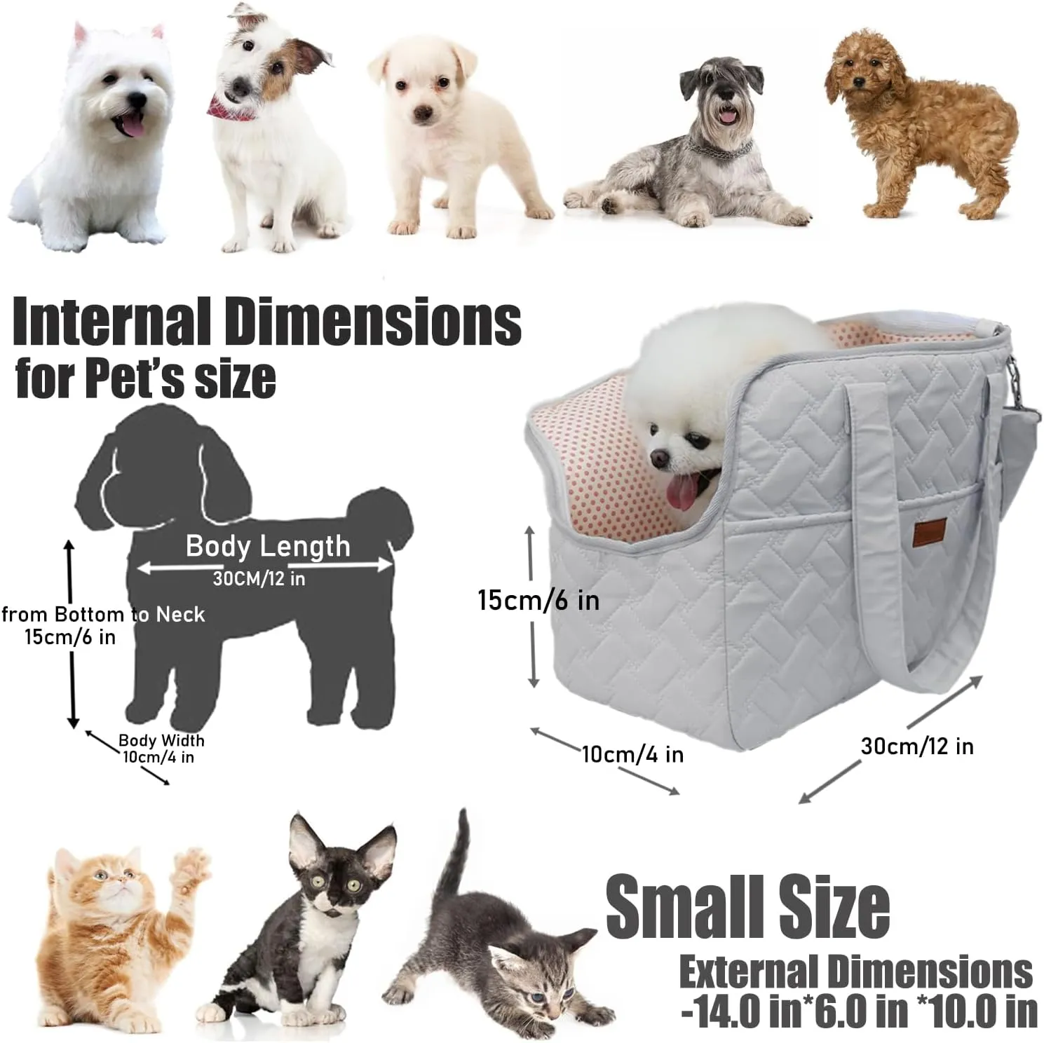 Grey Puppy Carrier Purse, Woman Style Pets Bag for Small Cat Kittens, Multiple Pockets, Breathable Mesh Soft Cushion, Travel Outdoor Picnic Pets Totes, MAX 6 lb