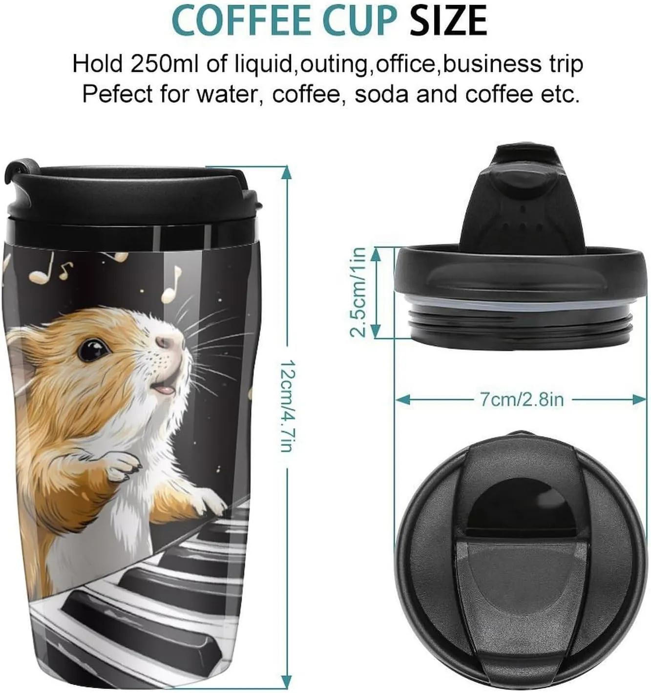 Guinea Pigs Music Note Coffee Mug with Lid Portable Tumbler Water Bottle for Travel Business 250ml