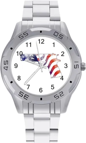 Guns with U.S. Flag Simple Stainless Steel Band Business Watch Dress Wrist Unique Luxury Work Casual Waterproof Watches
