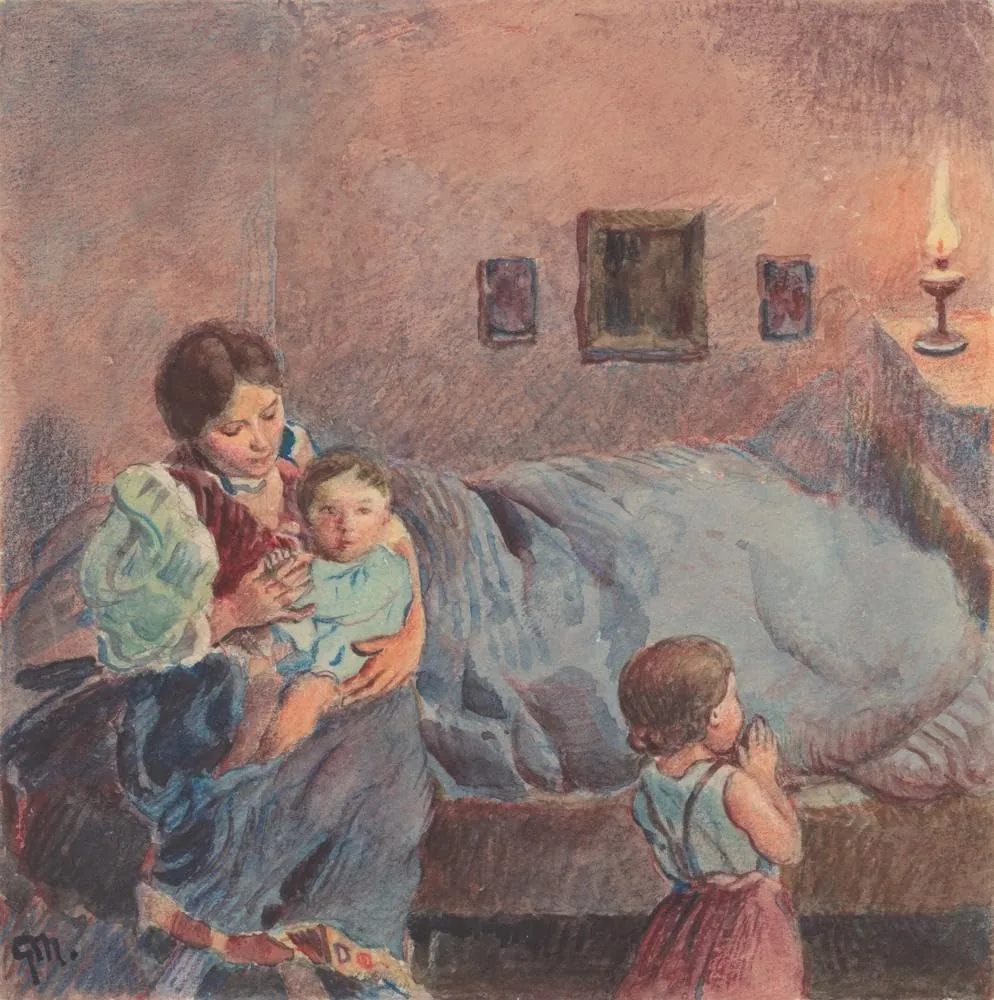 Gustáv Mallý 15x15 Gallery Wrapped Canvas Museum Art Print Titled: 20. - Before Going to Sleep (1932)