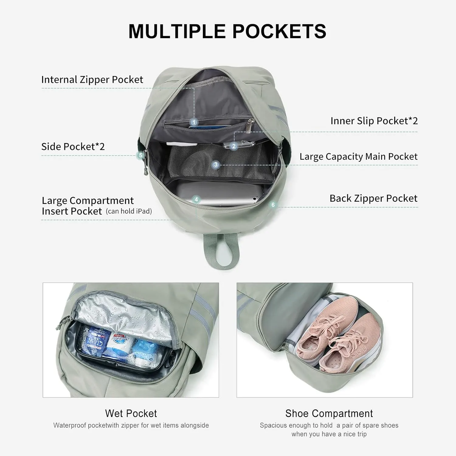 Gym Backpack for Women with Shoes Compartment & Wet Pocket, Large Travel Backpack Waterproof, Sports Backpack Gym Bag,Green