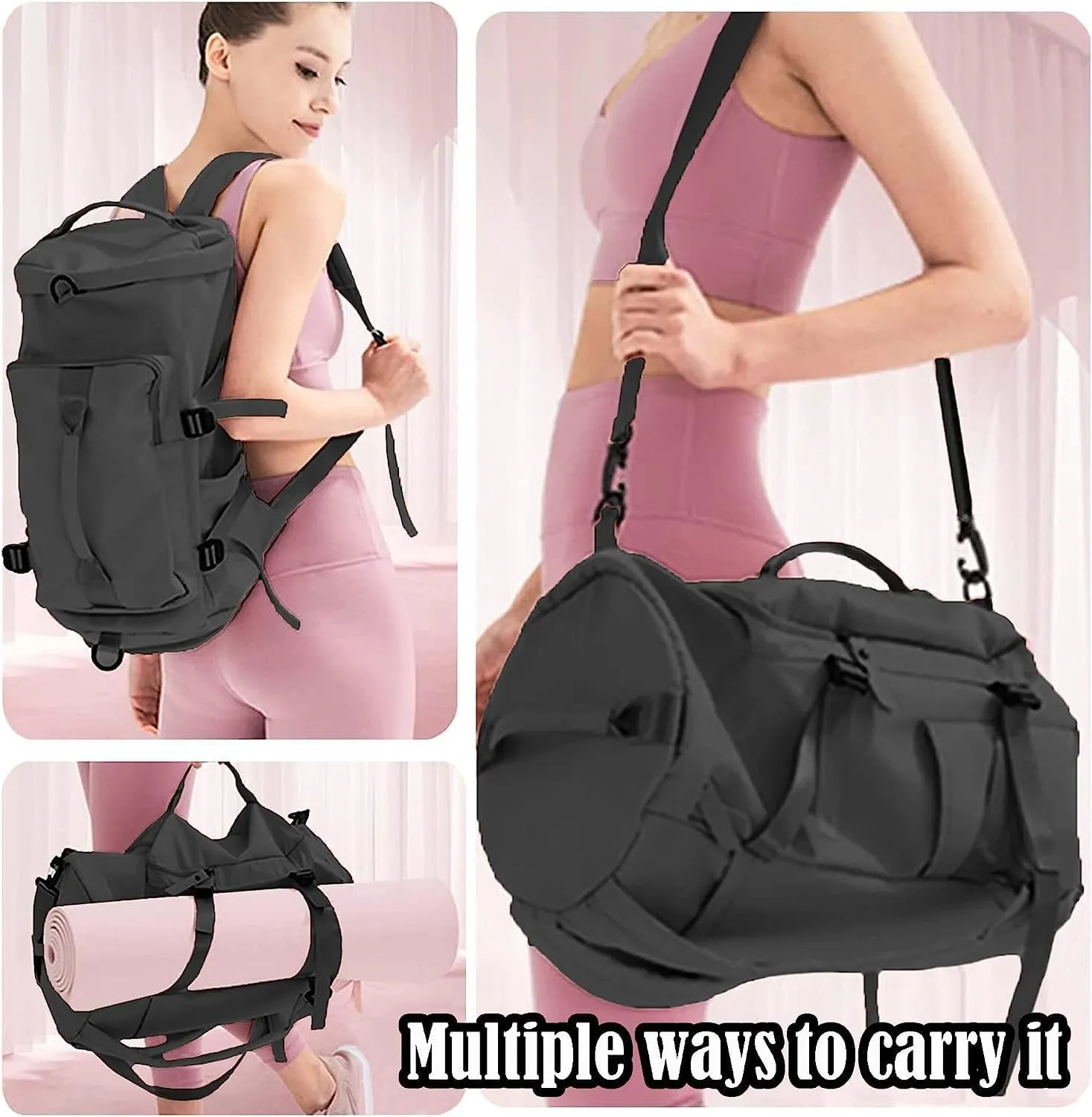 Gym Bag For Men Women, Sports Duffle Bag With Shoe Compartment & Wet Pocket, Tote And Backpack Double Design, Weekender Overnight Bags For Yoga Travel Swimming Camping (Black)