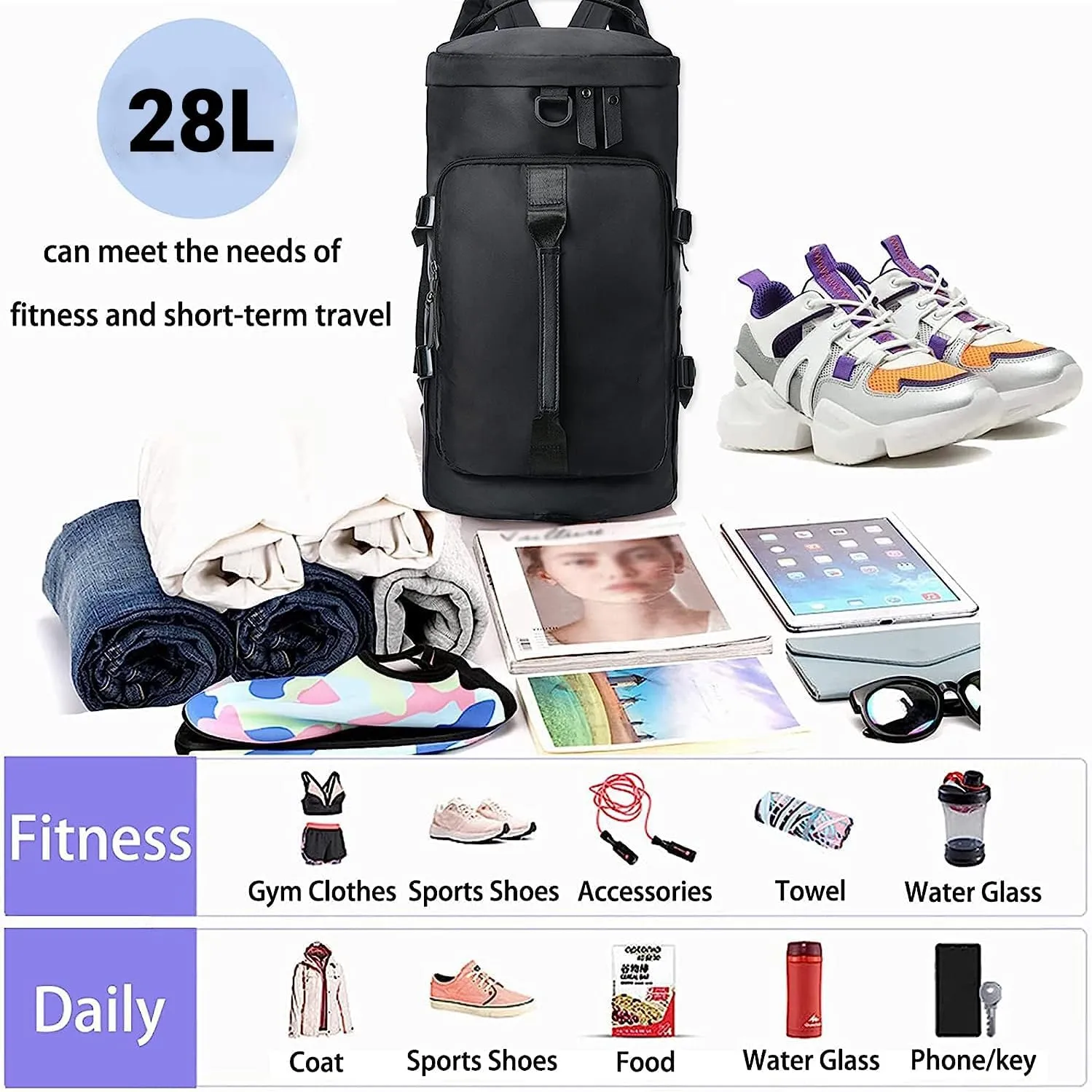 Gym Bag For Men Women, Sports Duffle Bag With Shoe Compartment & Wet Pocket, Tote And Backpack Double Design, Weekender Overnight Bags For Yoga Travel Swimming Camping (Black)
