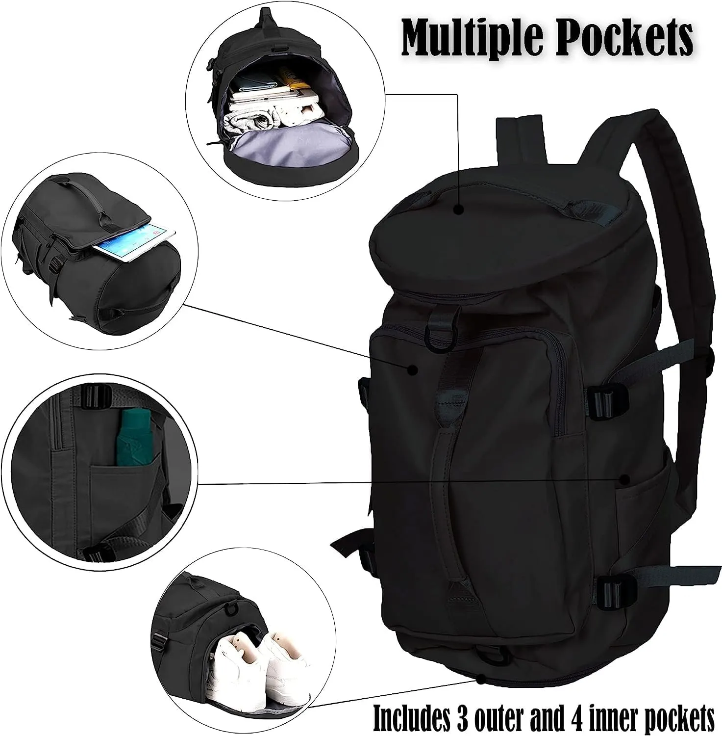 Gym Bag For Men Women, Sports Duffle Bag With Shoe Compartment & Wet Pocket, Tote And Backpack Double Design, Weekender Overnight Bags For Yoga Travel Swimming Camping (Black)