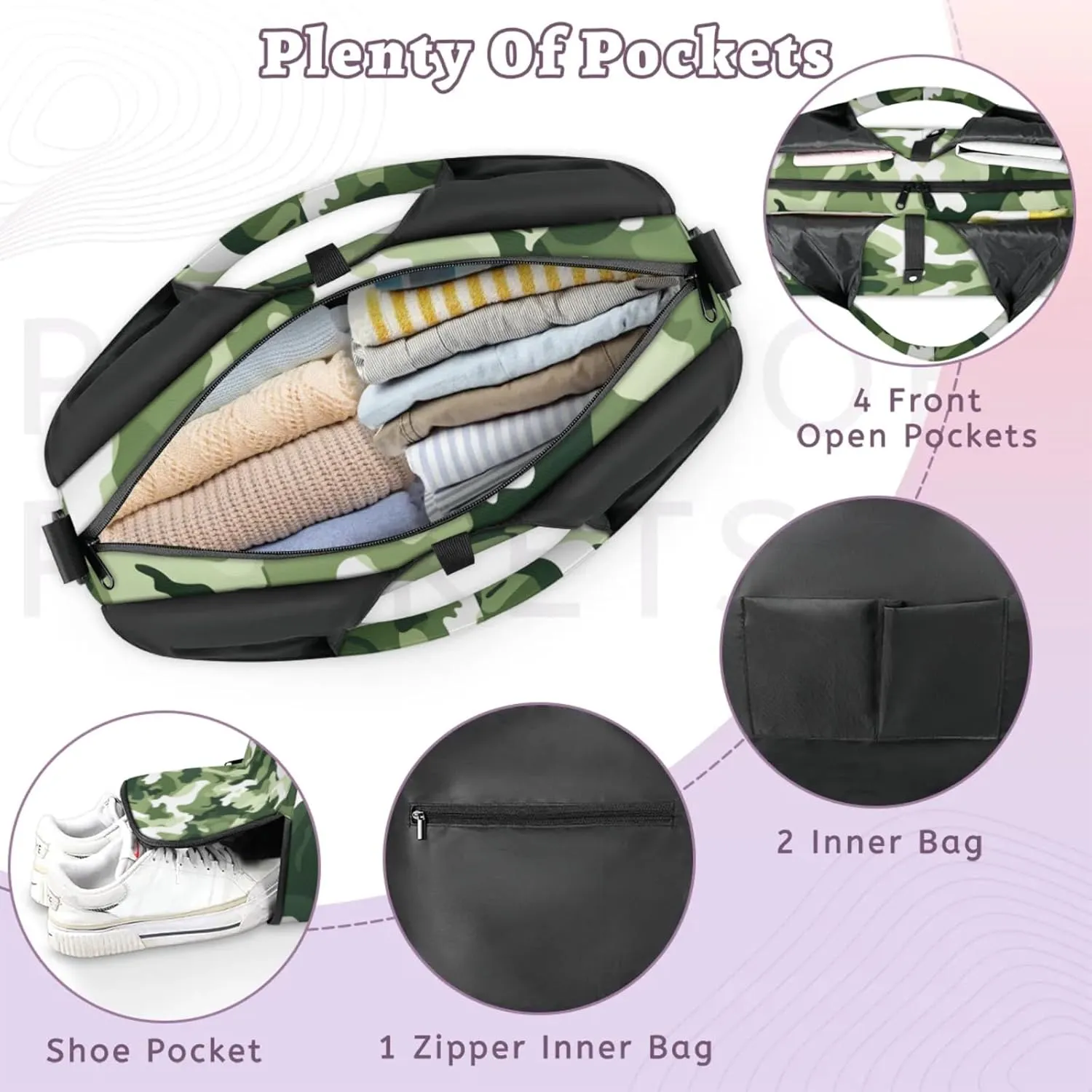 Gym Bag for Women Camo Themed Duffel Bag with Shoe Compartment and Yoga Mat Holder Portable Weekender Bags Travel Tote Bags