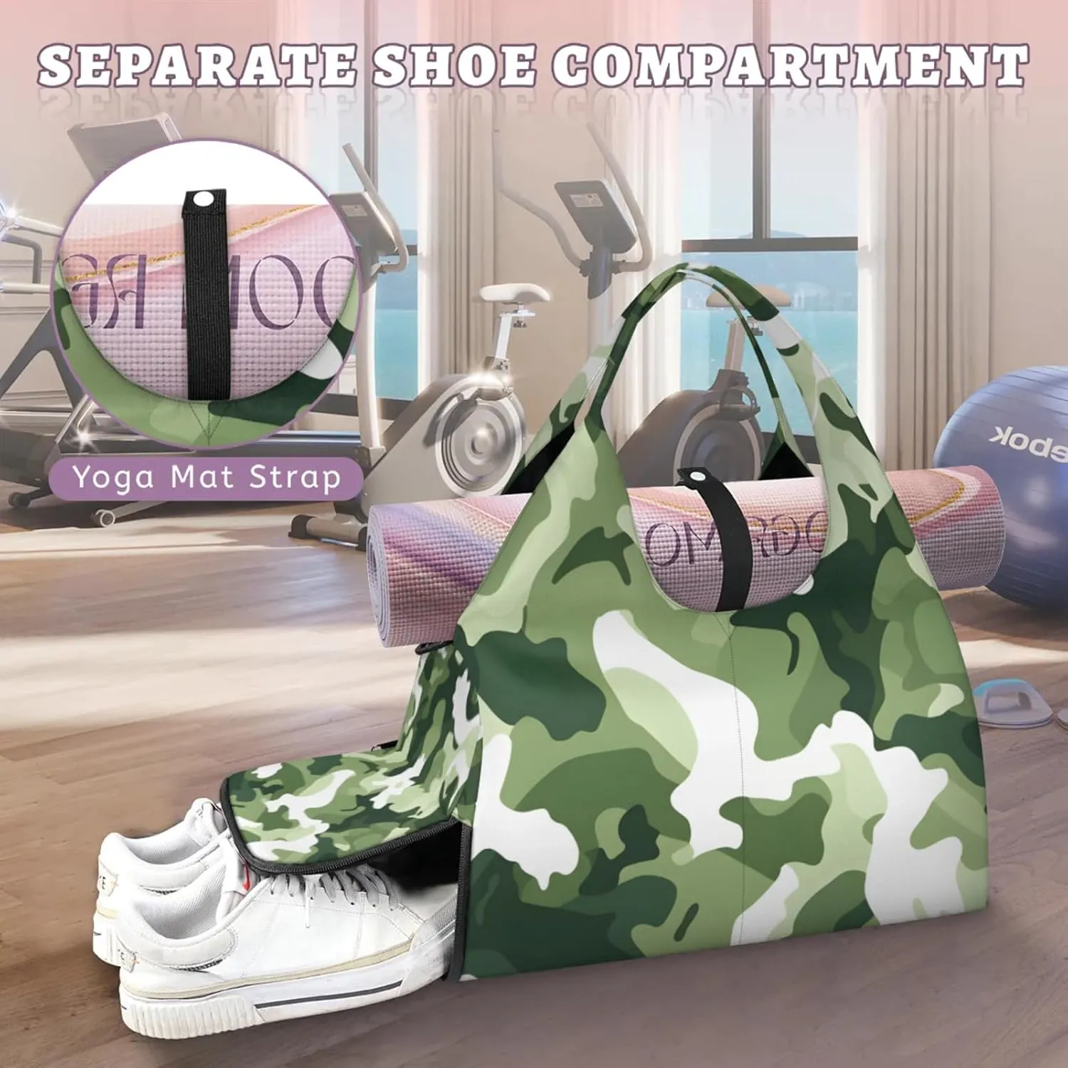 Gym Bag for Women Camo Themed Duffel Bag with Shoe Compartment and Yoga Mat Holder Portable Weekender Bags Travel Tote Bags