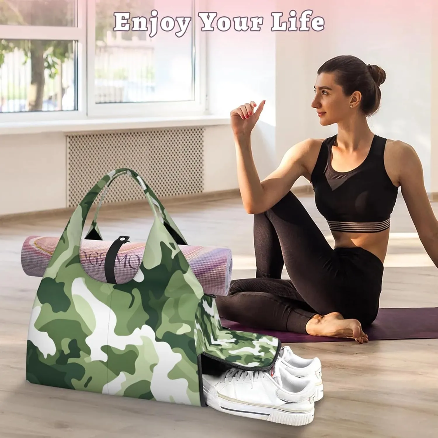 Gym Bag for Women Camo Themed Duffel Bag with Shoe Compartment and Yoga Mat Holder Portable Weekender Bags Travel Tote Bags