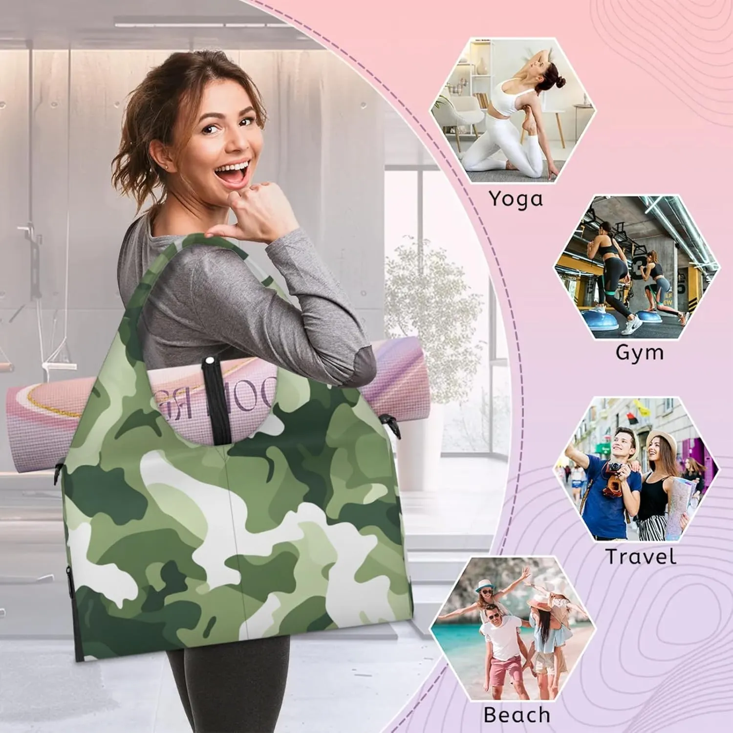 Gym Bag for Women Camo Themed Duffel Bag with Shoe Compartment and Yoga Mat Holder Portable Weekender Bags Travel Tote Bags