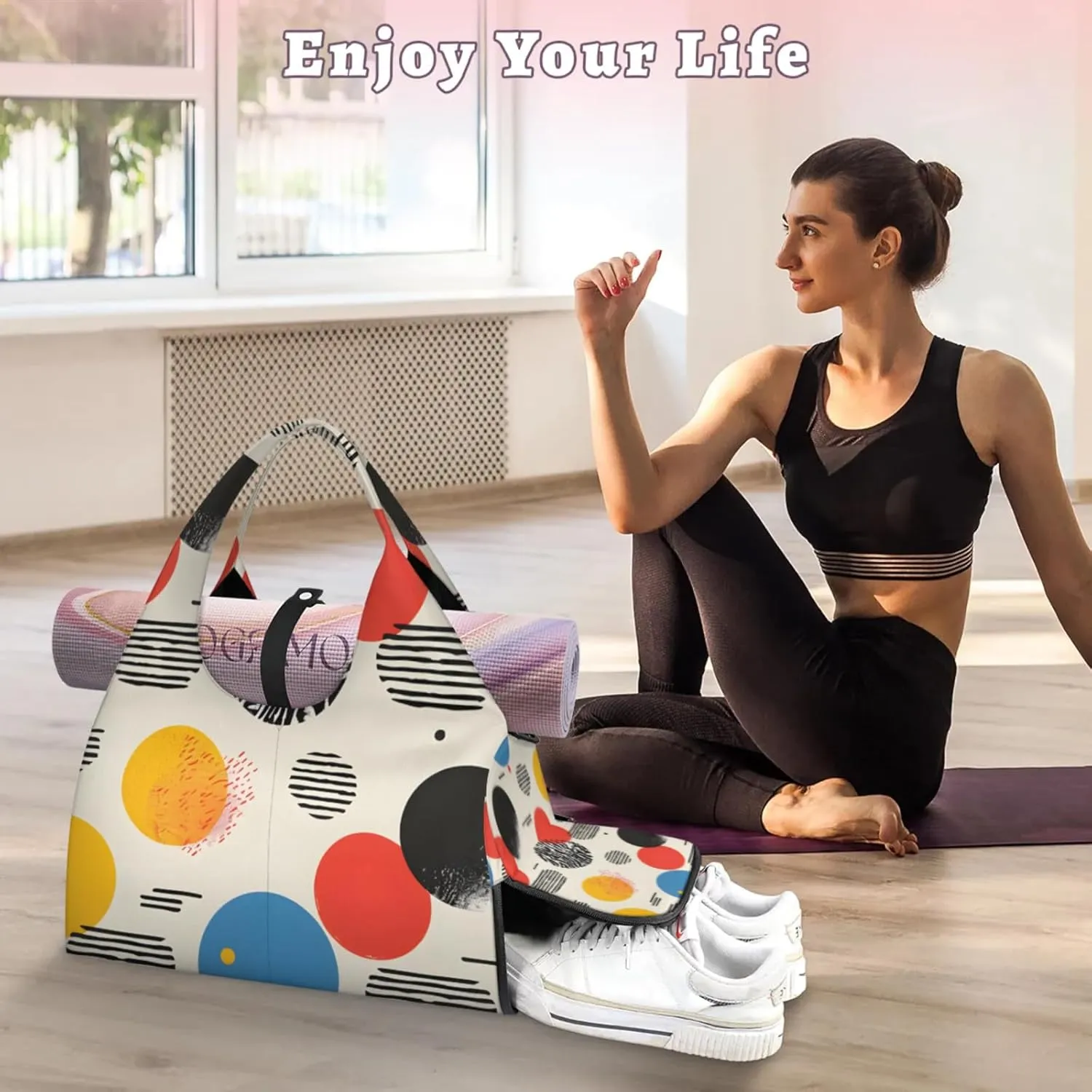Gym Bag for Women Circle Design Duffel Bag with Shoe Compartment and Yoga Mat Holder Portable Weekender Bags Travel Tote Bags
