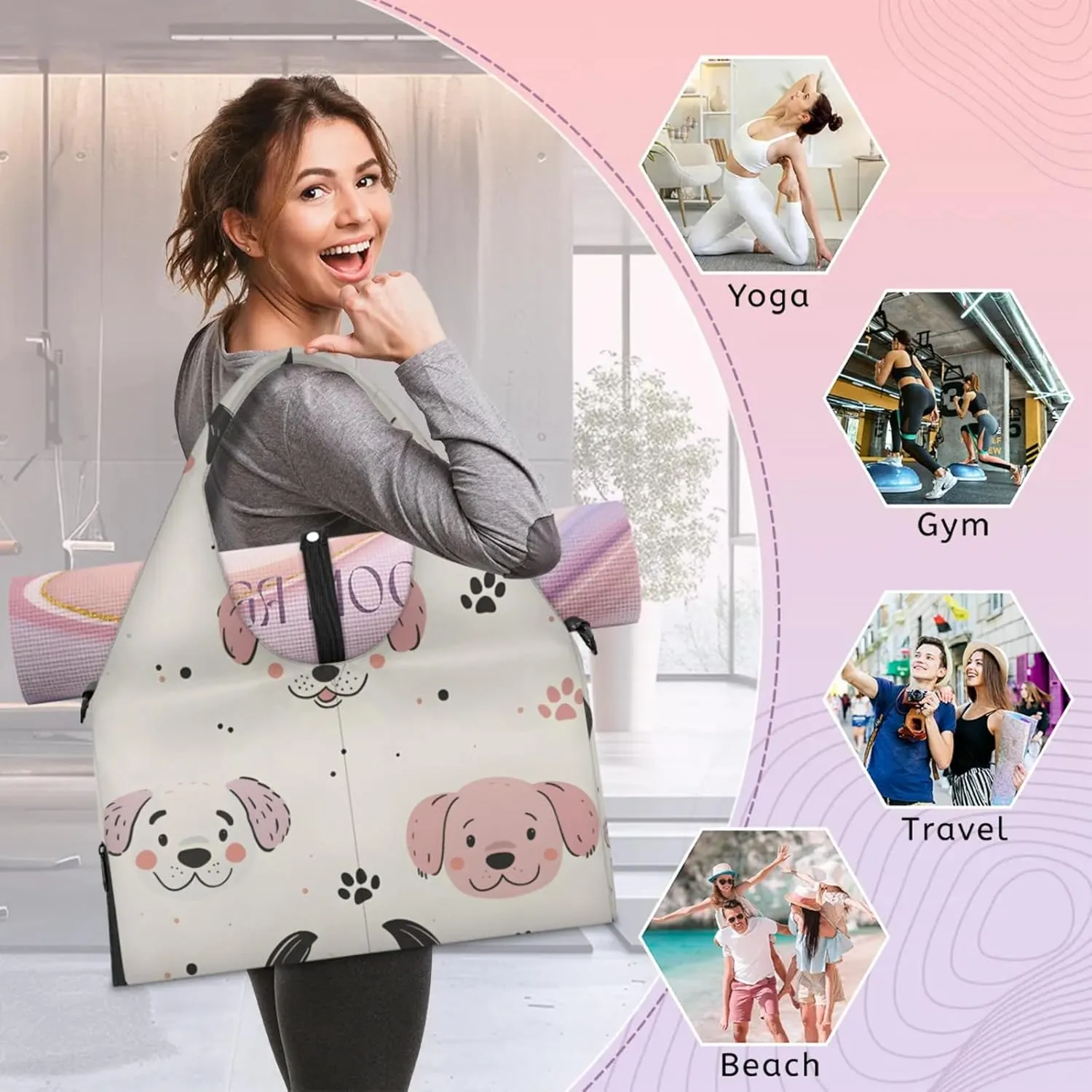 Gym Bag for Women Dogs Cute Paw Print Duffel Bag with Shoe Compartment and Yoga Mat Holder Portable Weekender Bags Travel Tote Bags