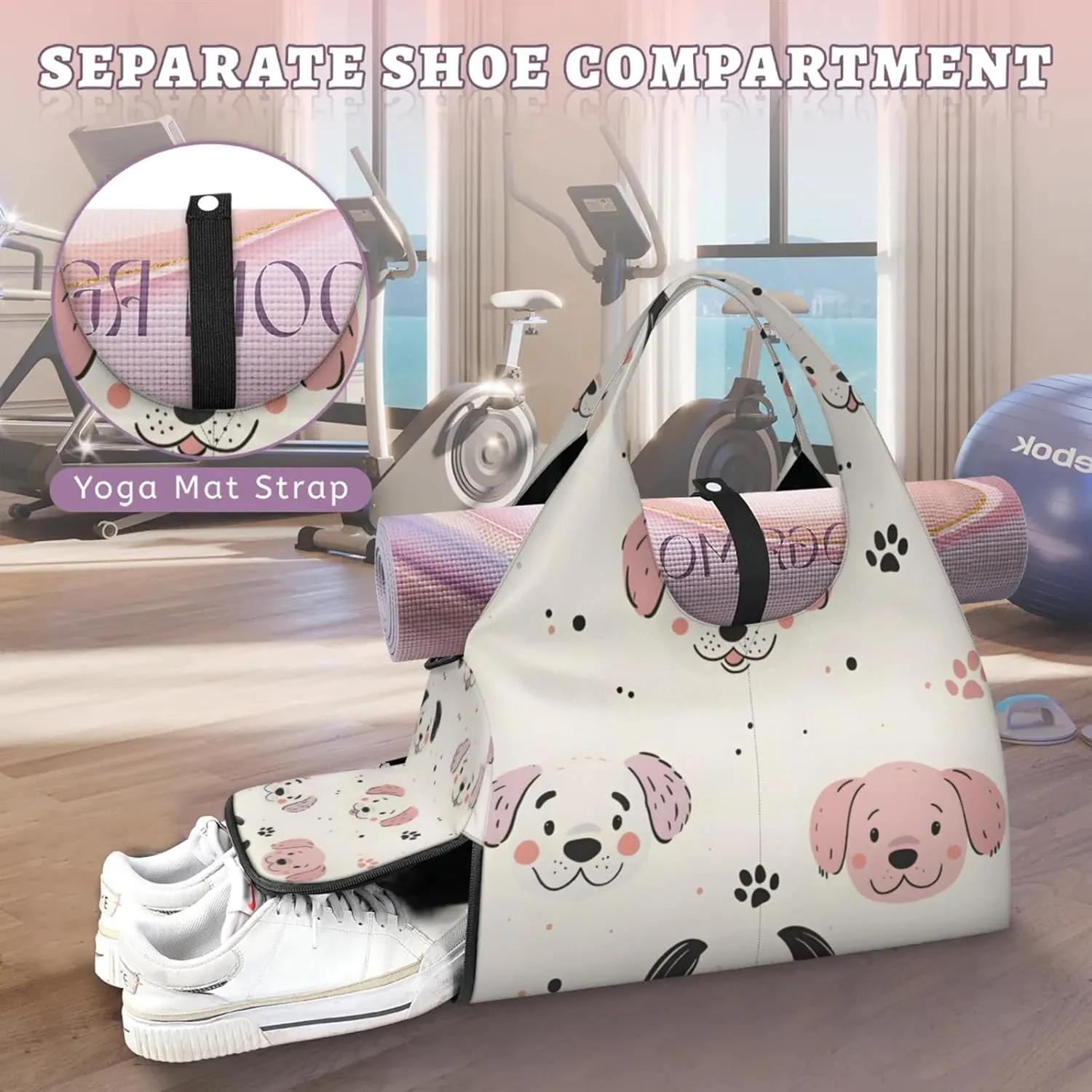 Gym Bag for Women Dogs Cute Paw Print Duffel Bag with Shoe Compartment and Yoga Mat Holder Portable Weekender Bags Travel Tote Bags