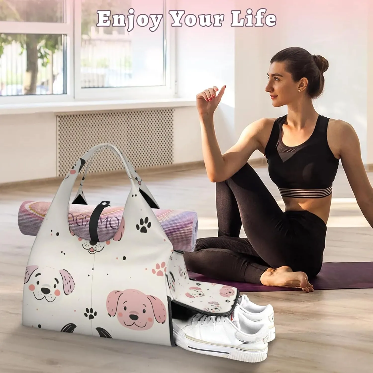 Gym Bag for Women Dogs Cute Paw Print Duffel Bag with Shoe Compartment and Yoga Mat Holder Portable Weekender Bags Travel Tote Bags