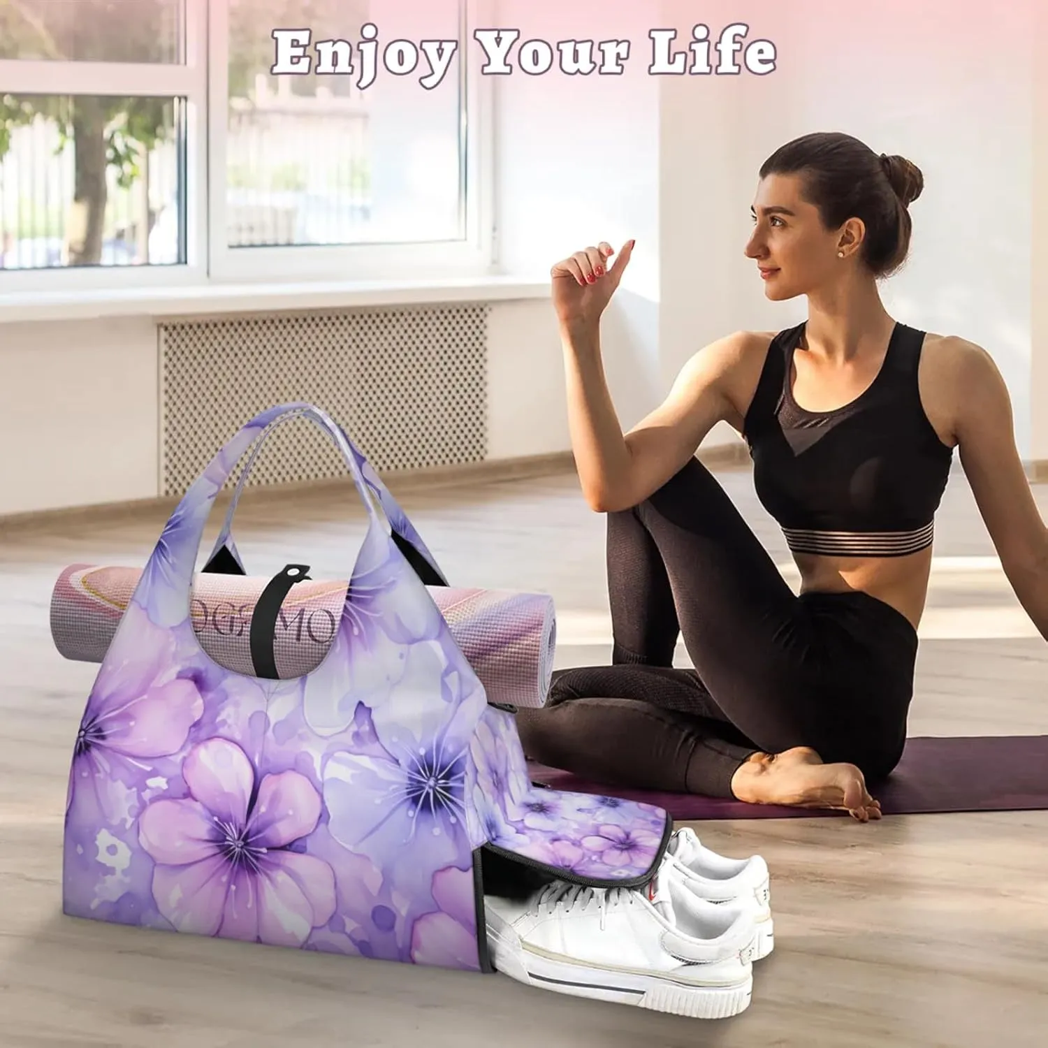 Gym Bag for Women Flower Themed Duffel Bag with Shoe Compartment and Yoga Mat Holder Portable Weekender Bags Travel Tote Bags