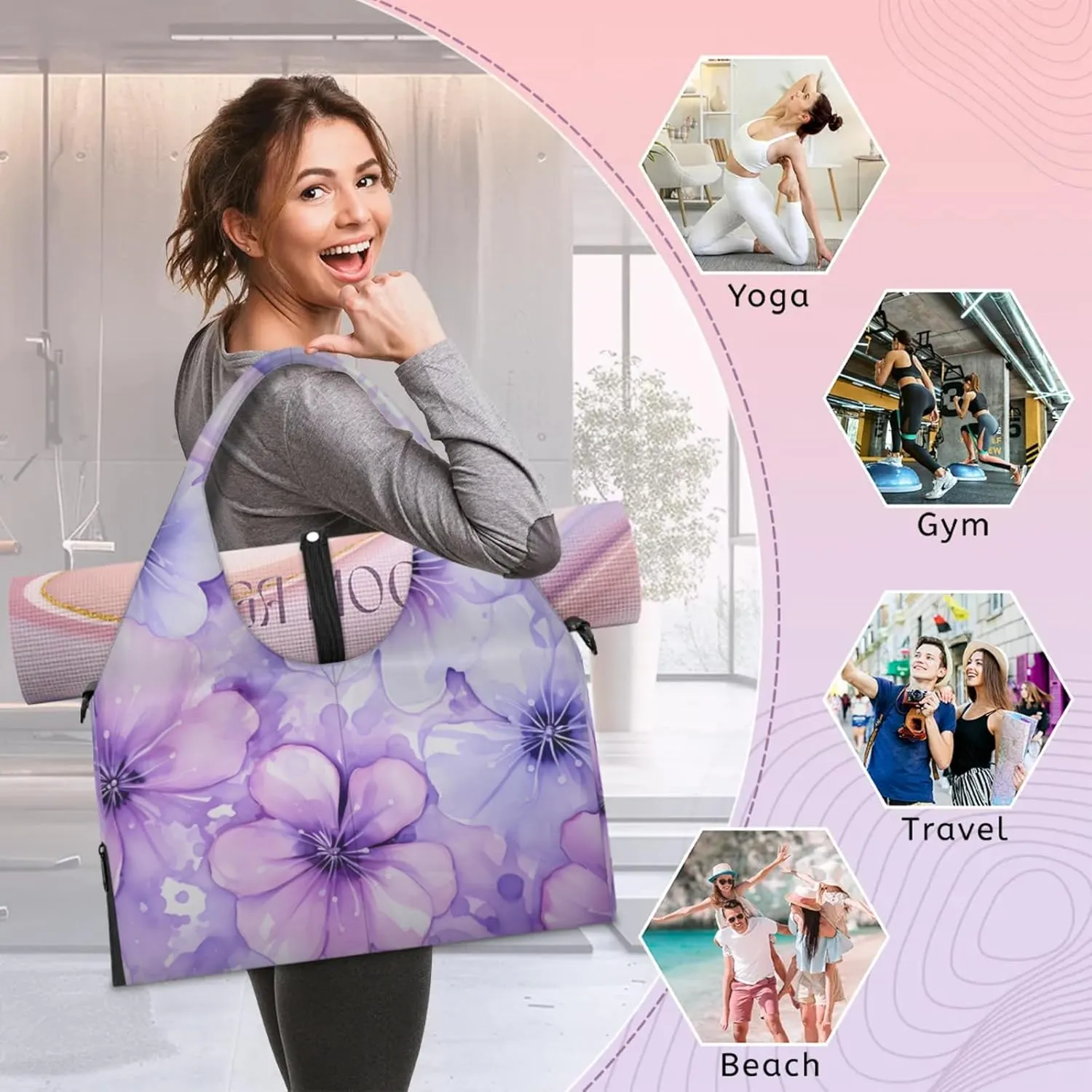 Gym Bag for Women Flower Themed Duffel Bag with Shoe Compartment and Yoga Mat Holder Portable Weekender Bags Travel Tote Bags