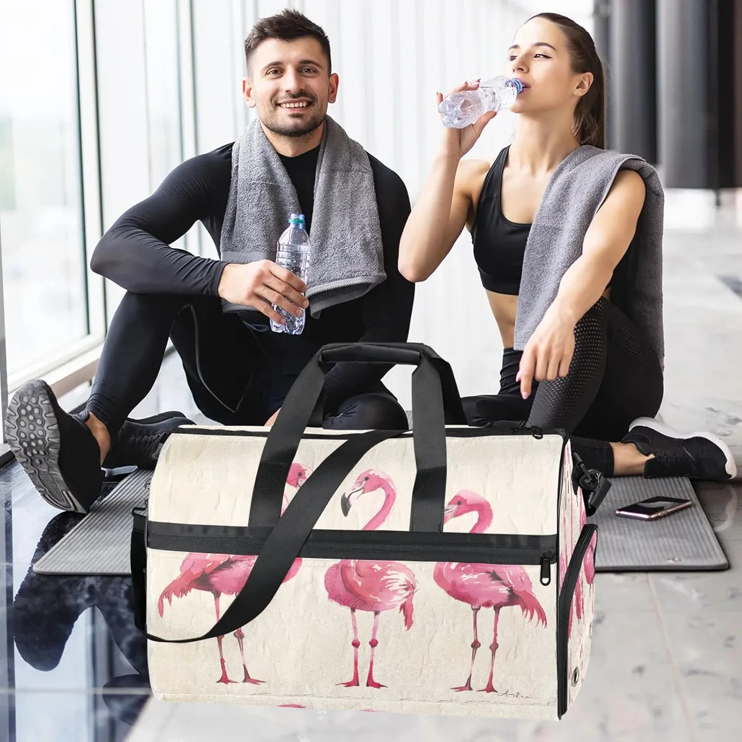 Gym Bag for Women Men Abstract Pink Flamingo Travel Duffle Bag with Shoe Compartment Waterproof Sports Tote Bags Large Overnight Weekender Bags for Travel Swimming Gym Yoga Dance